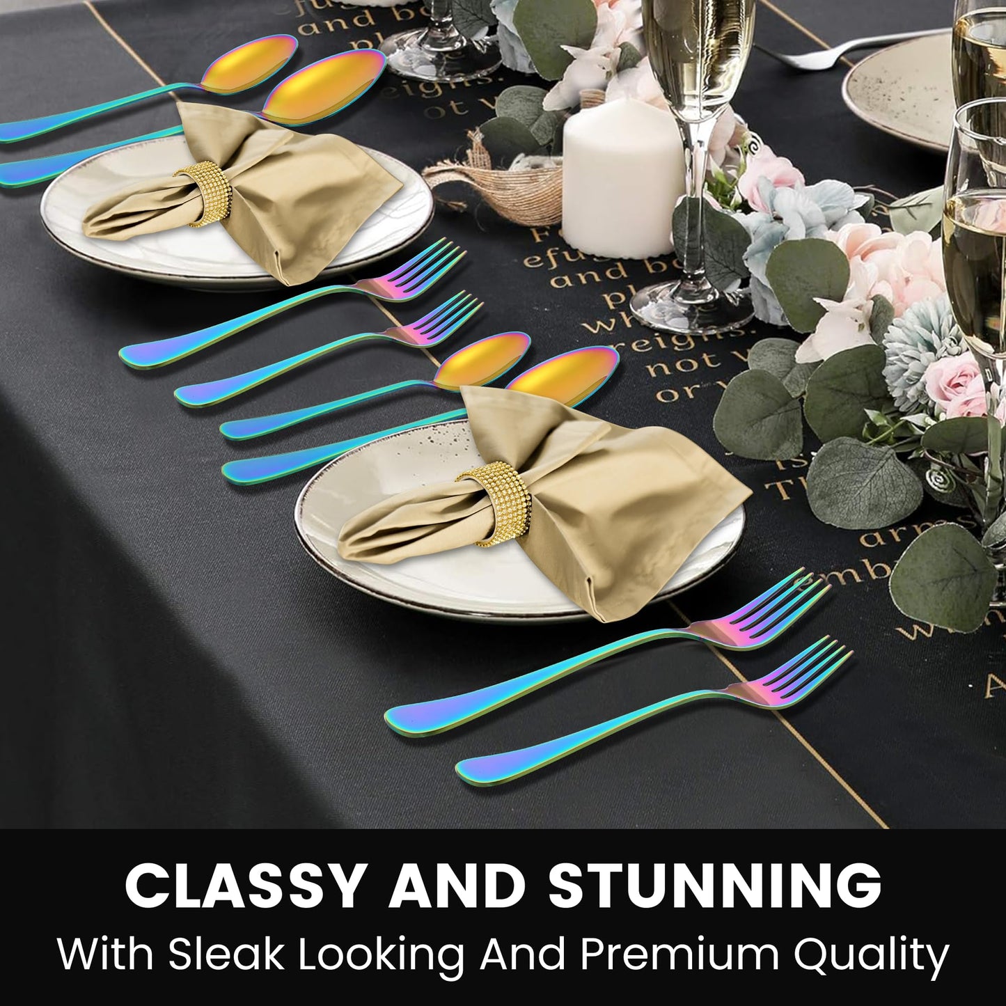 69 Piece Rainbow Silverware Set with Steak Knife Service For 8, Colorful Flatware Cutlery Set Stainless Steel Utensils Mirror Polishe Spoons and Forks with Metal Straw, Slotted Spoon, Tongs, Tableware