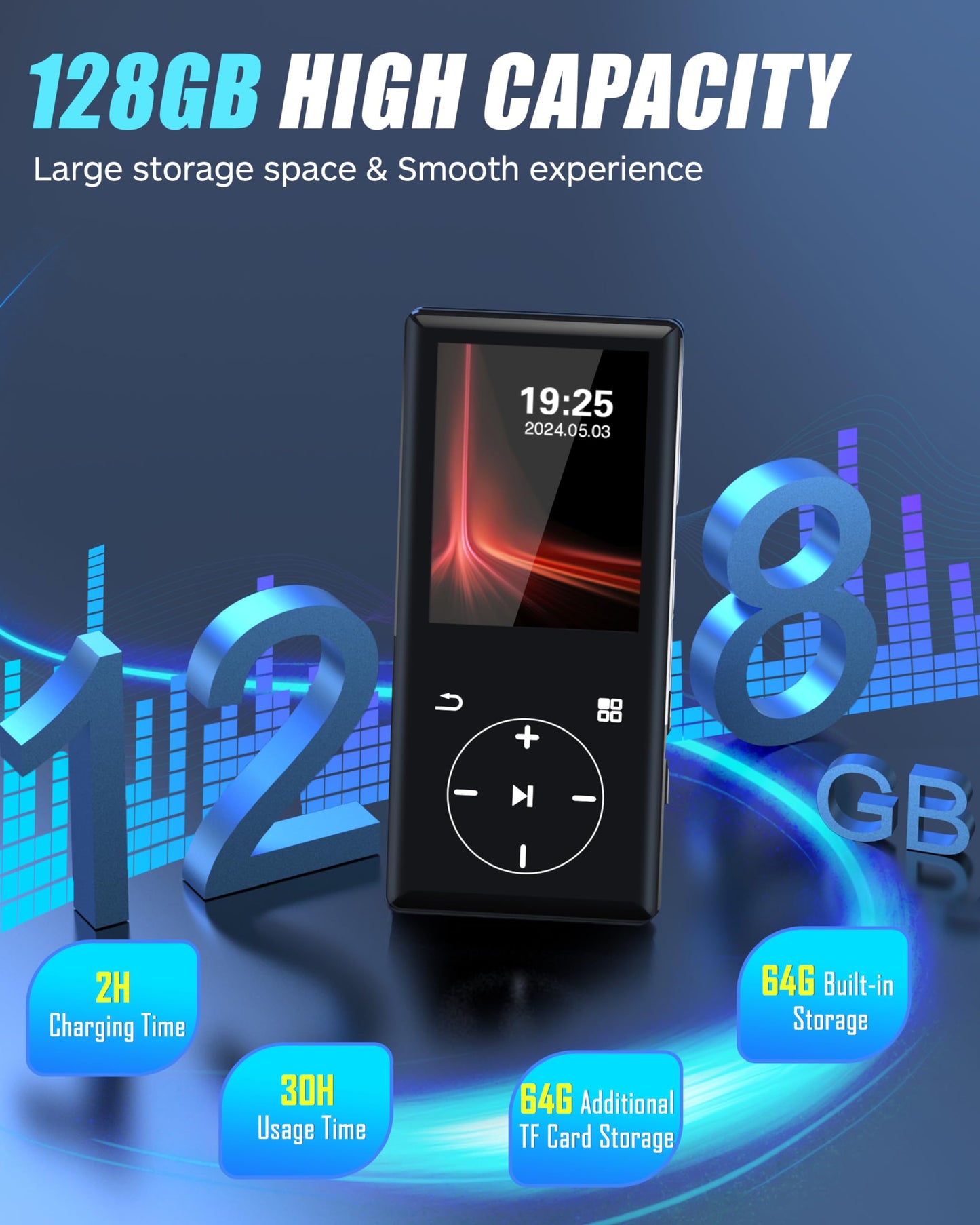128GB MP3 Player with Bluetooth - Portable Mp3 Music Player with HiFi Speaker, 2.4" Screen MP3 Player with Voice Recorder, FM Radio, Touch Buttons,Support up to 256GB SD Card (Black)