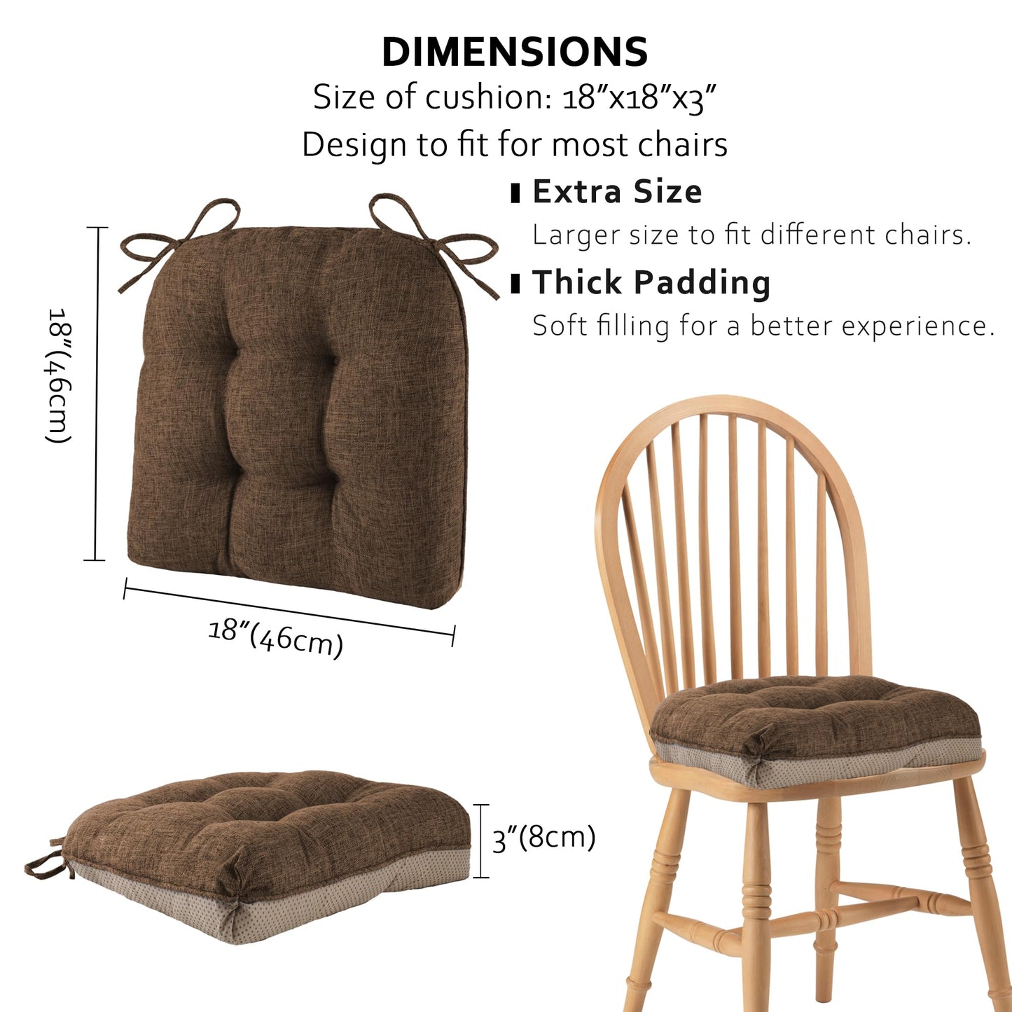ELFJOY Chair Cushions for Dining Chairs Set of 4 Office Chair Cushion 18x18x3 Inches Kitchen Chair Pads Soft and Comfortable Seat Cushion with Ties and Non Slip Backing, Coffee