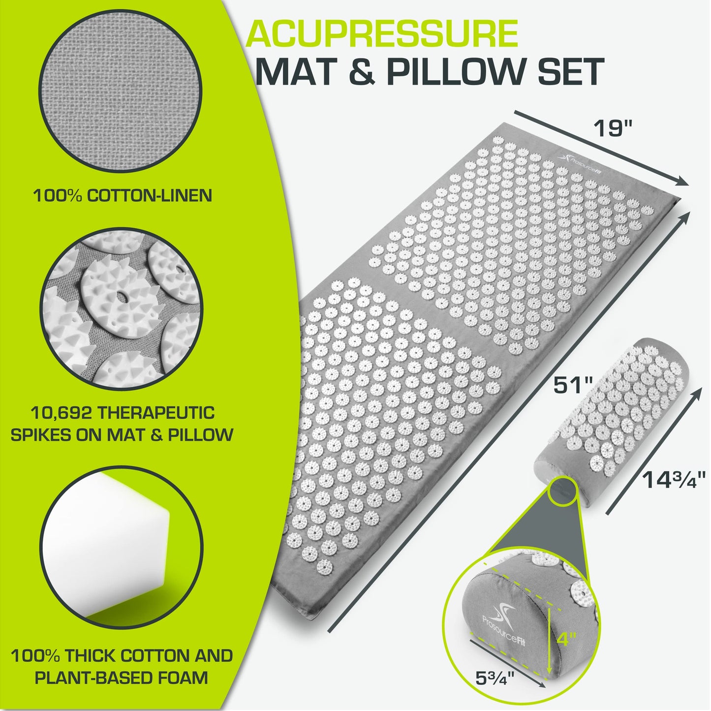 ProsourceFit Acupressure Mat and Pillow Set for Back/Neck Pain Relief and Muscle Relaxation, XL - Grey/White