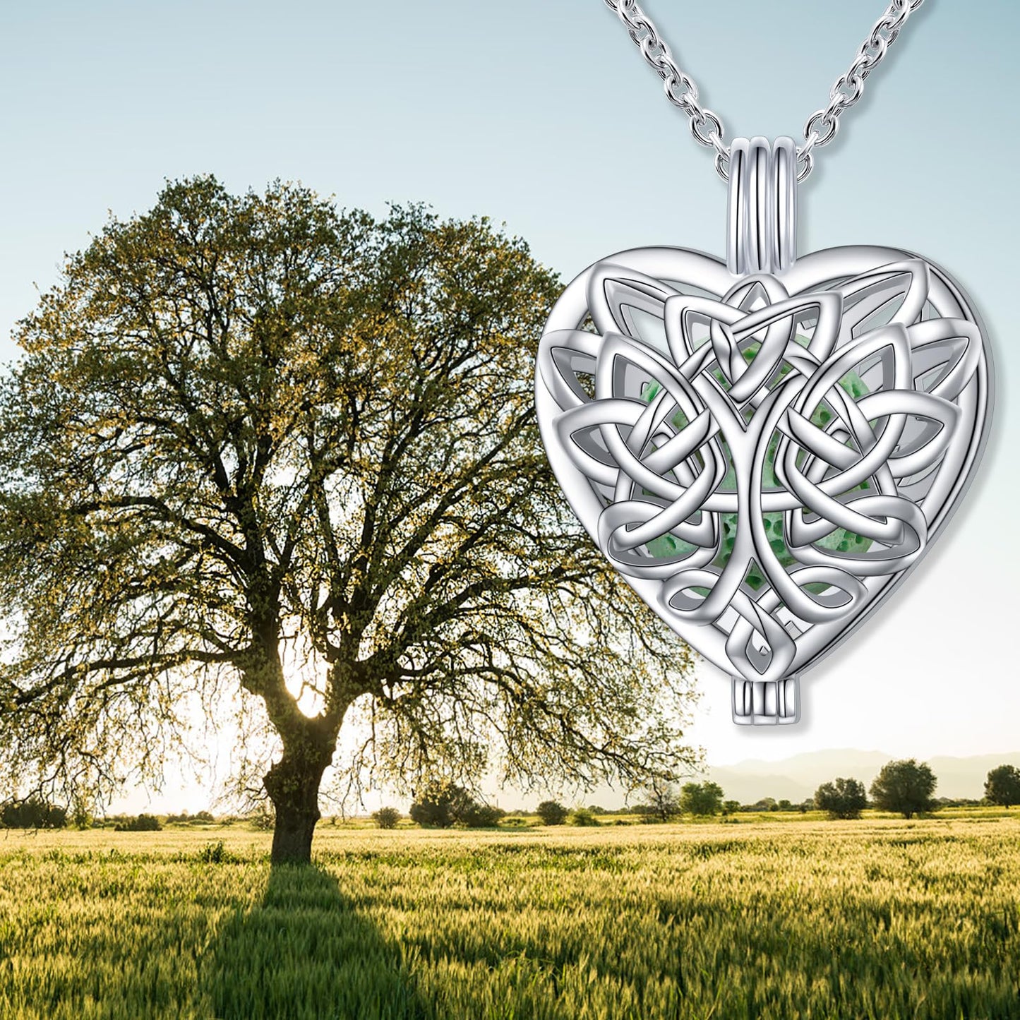 S925 Sterling Silver Aromatherapy Essential Oil Diffuser Necklace Love Heart Celtic Knot Tree of Life Locket Perfume Pendant Necklace Jewelry 18+2 inches Adjustable Chain with 10 PCS Stones