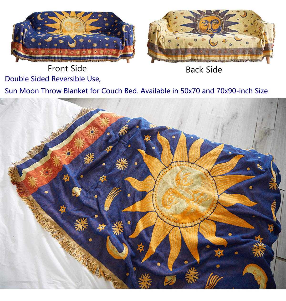 Erke 70" x 90" Sun and Moon Blanket Celestial Couch Sheet Cover Witchy Hippy Home Decoration, Double Sided Cotton Woven Hippie Throws Wicca Blankets for Couch Bed Recliner Decor - Yellow/Blue