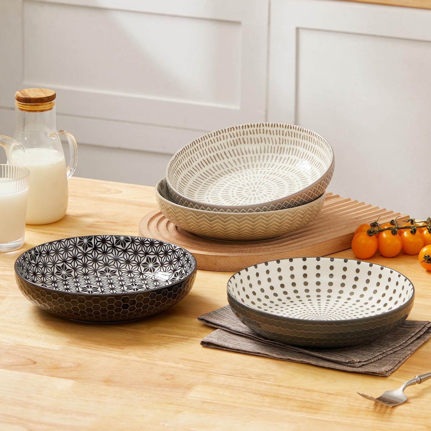 Signature Housewares 36 OZ Shallow Dinner Bowls/Deep Plates Perfect for Spaghetti and Salads - Set of 4 - Large Ceramic Bowls - Colorful Pasta Bowls - Set of 4, Multi-tone Neutral