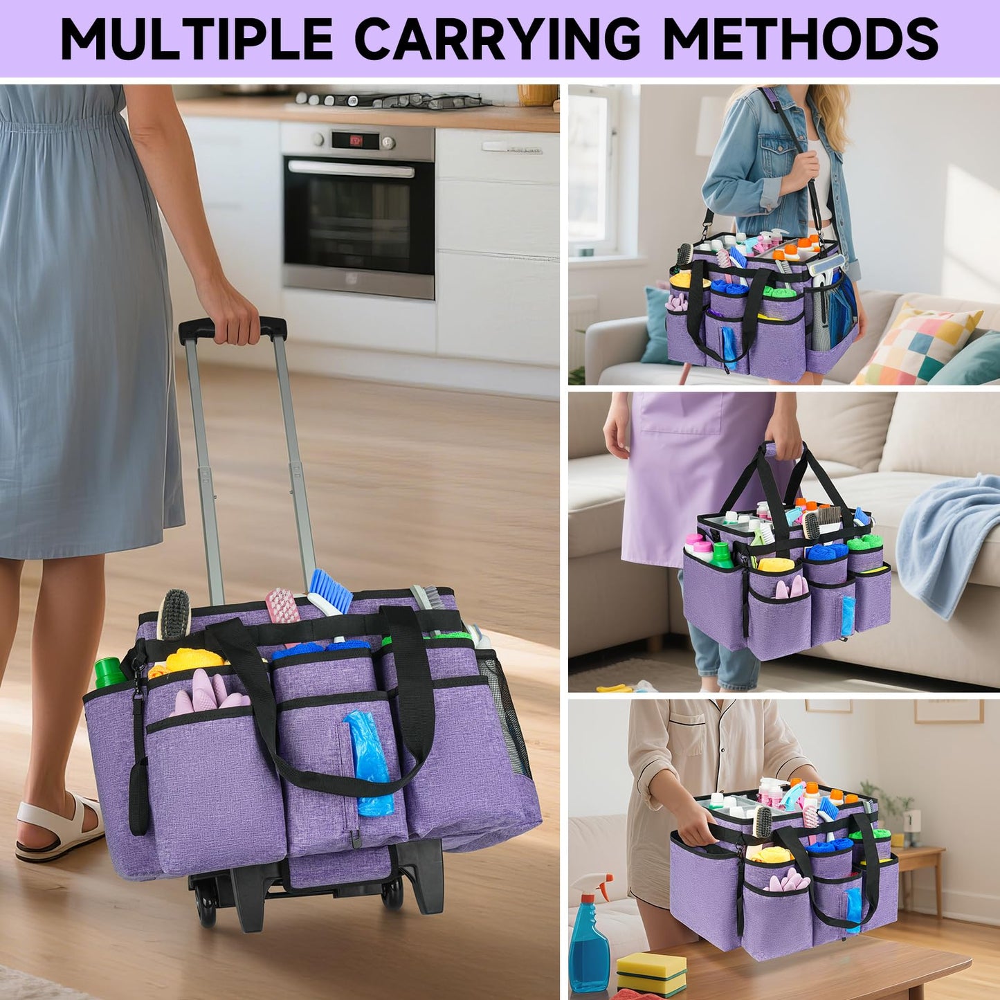 ZIOZERTT Large Rolling Cleaning Caddy Bag with Detachable Trolley,Cleaning Cart on Wheels with Shoulder Strap,Cleaning Supplies Organizer for Housekeepers,Purple