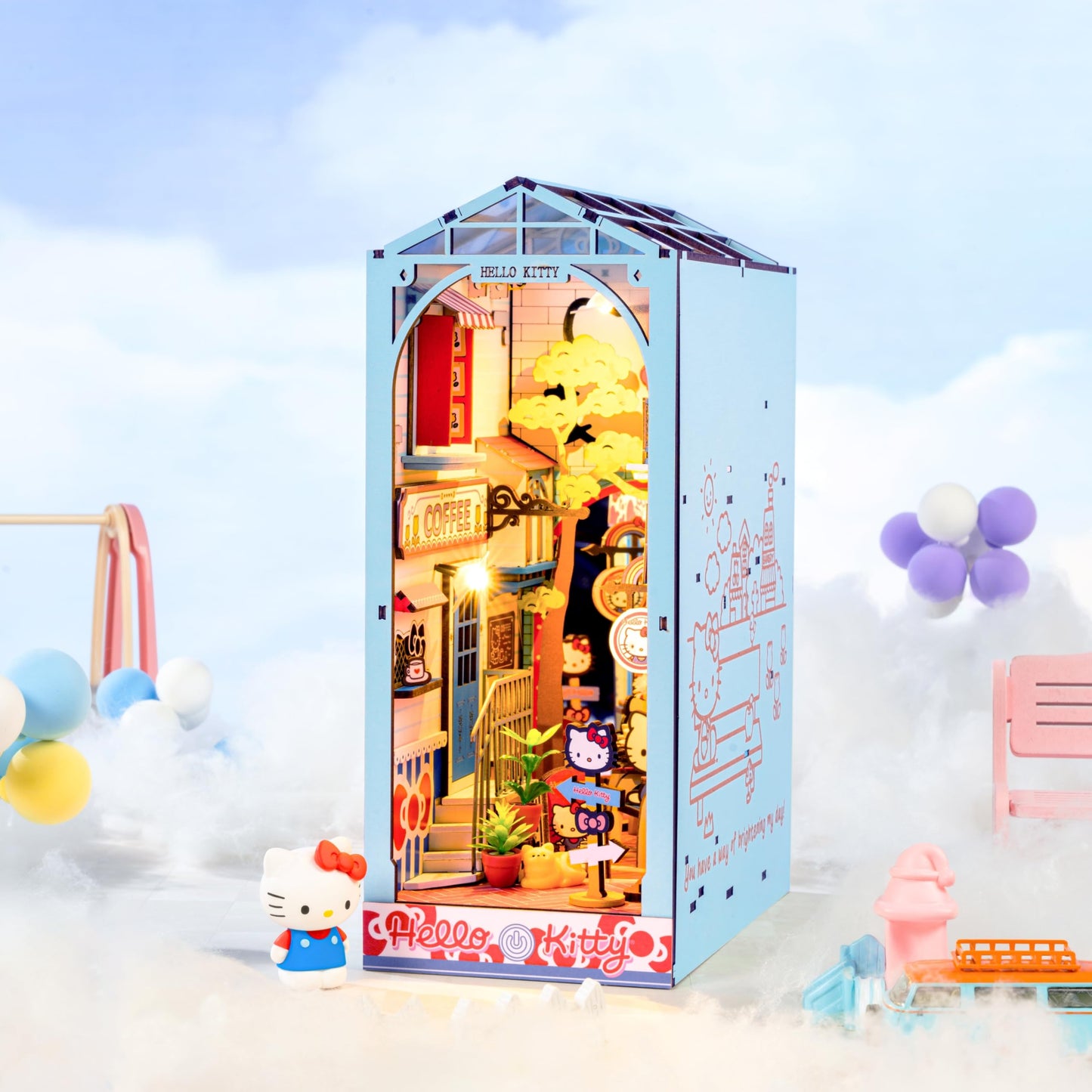 Hands Craft DIY Miniature Kit Book Nook - Hello Kitty Town Square | Whimsical Miniature Scene | Intricate Design, Adorable Charm | LED Lights | Bookshelf Decor | Gift for Hello Kitty Fans