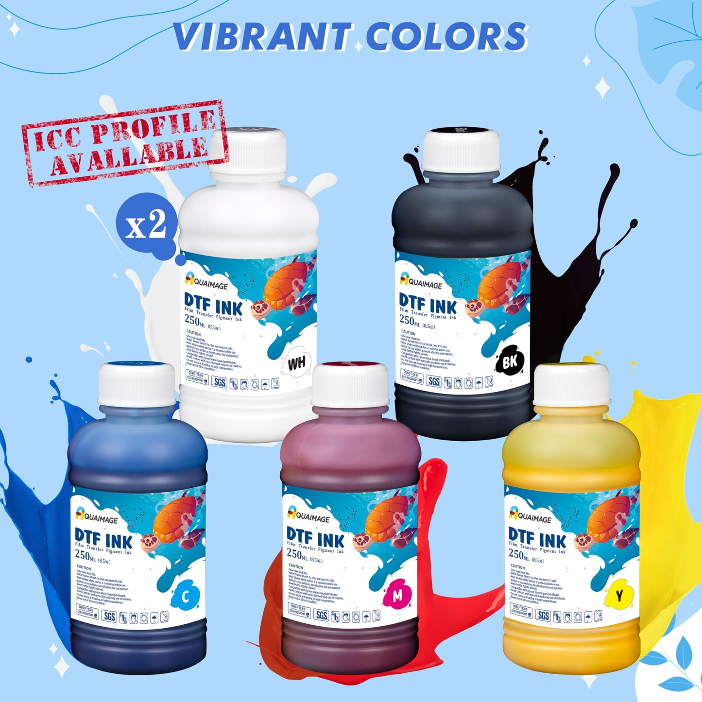 Aquaimage Dtf Ink 1500ml Dtf Printer Ink for Epson ET8550,L1800,XP15000, Bright Colors,DTF Transfer Ink for Pet Film, Refill Ink for P400, P800, P600, DX5, XP600. (250ml x 6, 2Wh+BKCMY)