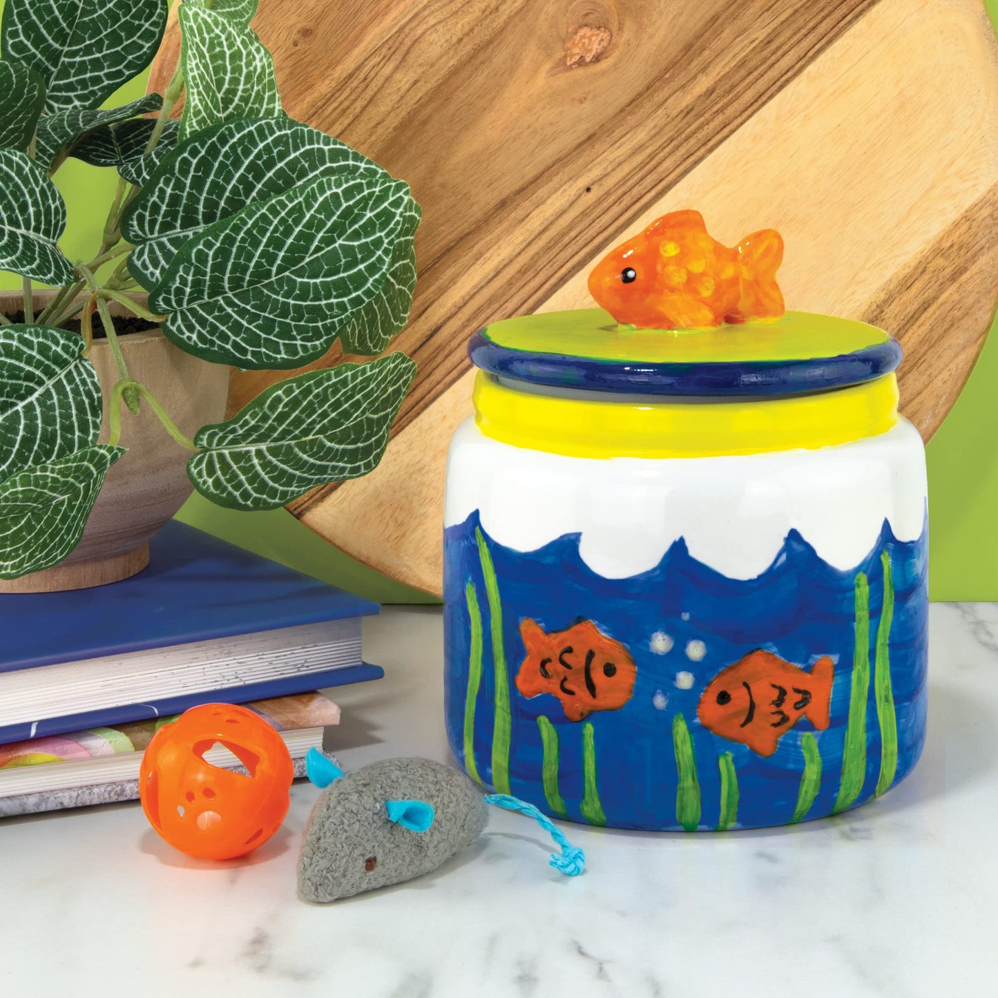 MindWare Paint Your Own (PYO) Cat Treat Jar Craft Kit for Kids - Includes Porcelain Treat Jar, Paint, Brushes and Instructions