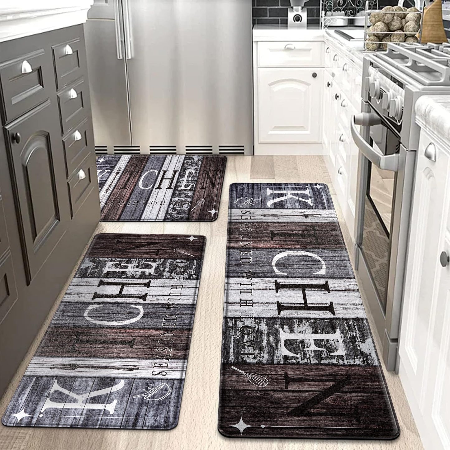 CHICNOOK PVC Farmhouse Kitchen Mats for Floor Set of 3, Wooden Board Theme Kitchen Rugs, Kitchen Rugs Non-Slip Washable, Anti Fatigue Kitchen Mat for Sink Office Laundry,18"x30"+18"x48"+18"x60" Inches