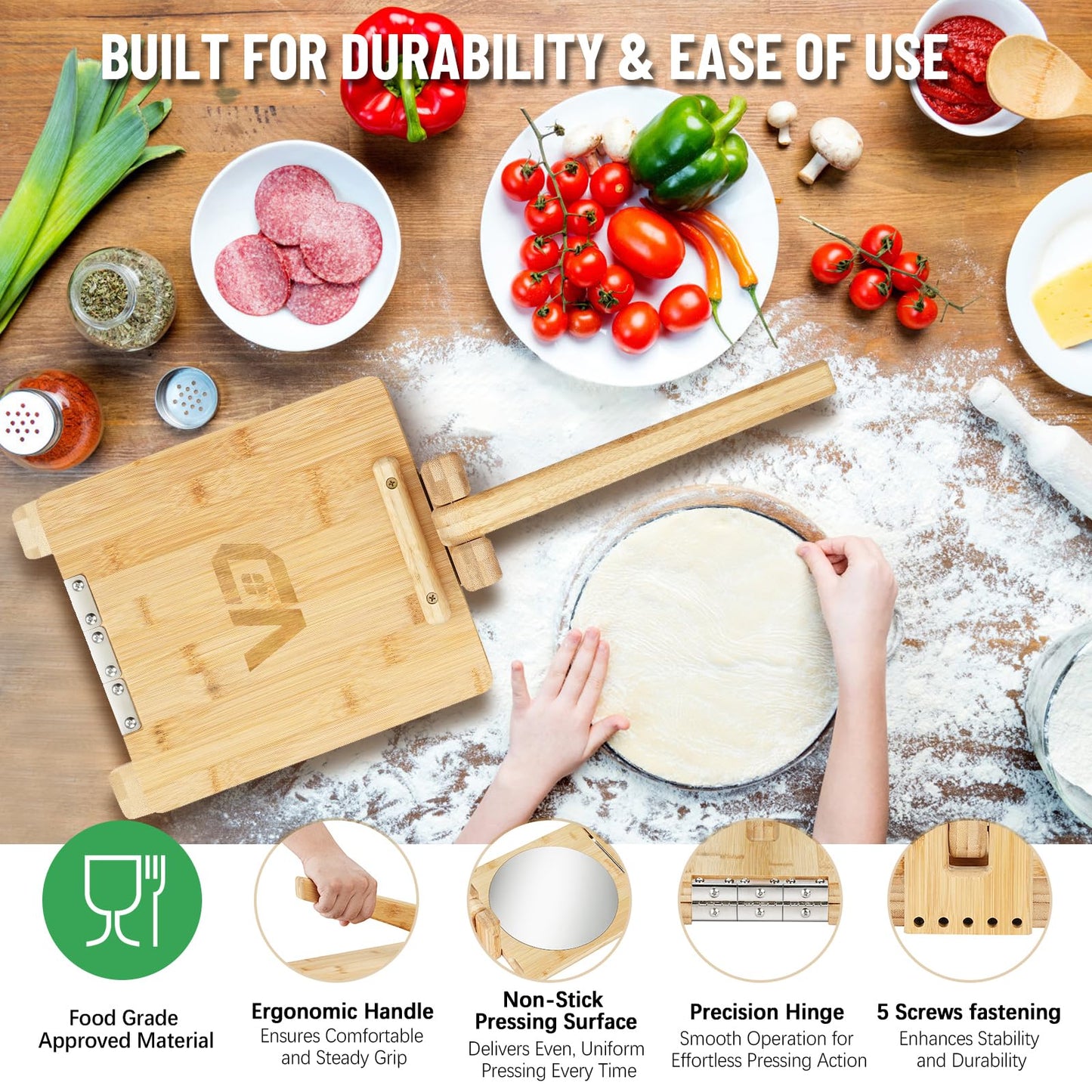Wooden Tortilla Press, 10 inch Roti Maker and Tortilladora with Stainless Steel Patch, Tortilla Maker Press with 50 Pcs Parchment Paper, Heavy Duty Prensa Para Tortillas for Kitchen