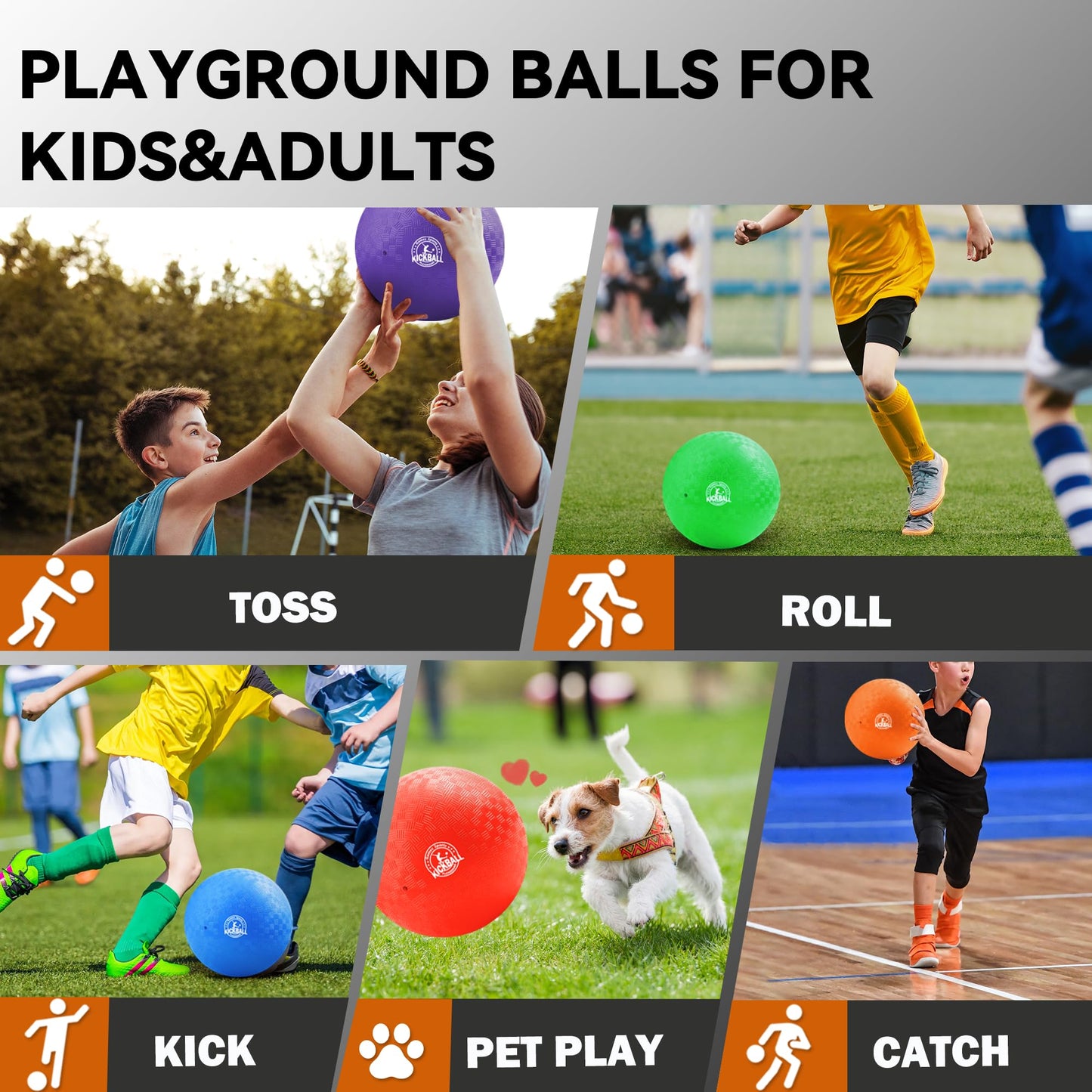 COAMZPARTY 10 Inch Kickball Playground Balls 6 Pack, Dodgeballs for Kids&Adults, Four Square for School, Outdoor&Indoor Games with Hand Pump and Storage Bag (10 Inch Playground Ball (6 Piece))