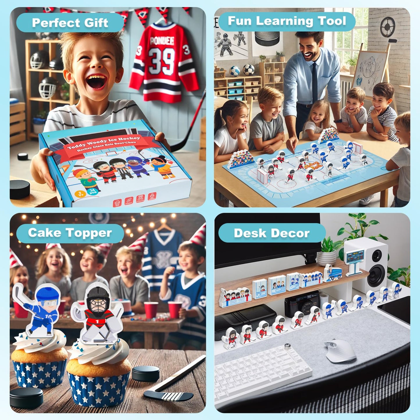 2-in-1 Hockey Board Game & Blocks Playset, Wooden Hockey Figurines with Assembly Rink or Roll and Move Game, Mini Hockey Figures, Winter Sports Toy for Kids, Toddlers & Families