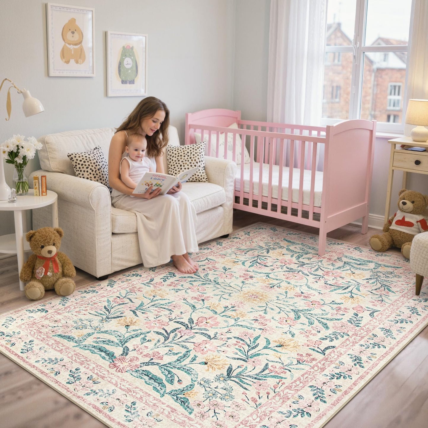 Lahome Pink Bedroom Rug for Girls Room Decor, 5x7 Washable Cute Playroom Nursery Rug, Soft Floral Low Pile Carpet for Kids Living Dining Room Indoor, Pink/Multi