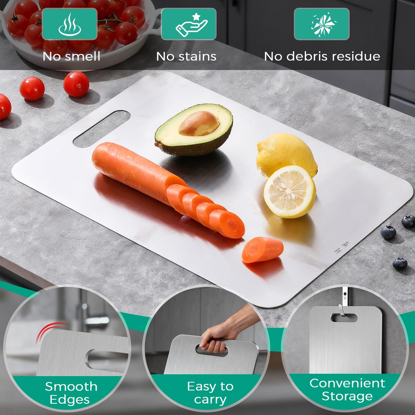 Katori Titanium Cutting Board - Upgraded 100% Pure Titanium Cutting Boards for Kitchen Non Toxic, Double Sided Food Grade Hygiene Non Moldy Dishwasher Safe Meat Fruit Metal Board (3PC S+L+XL)
