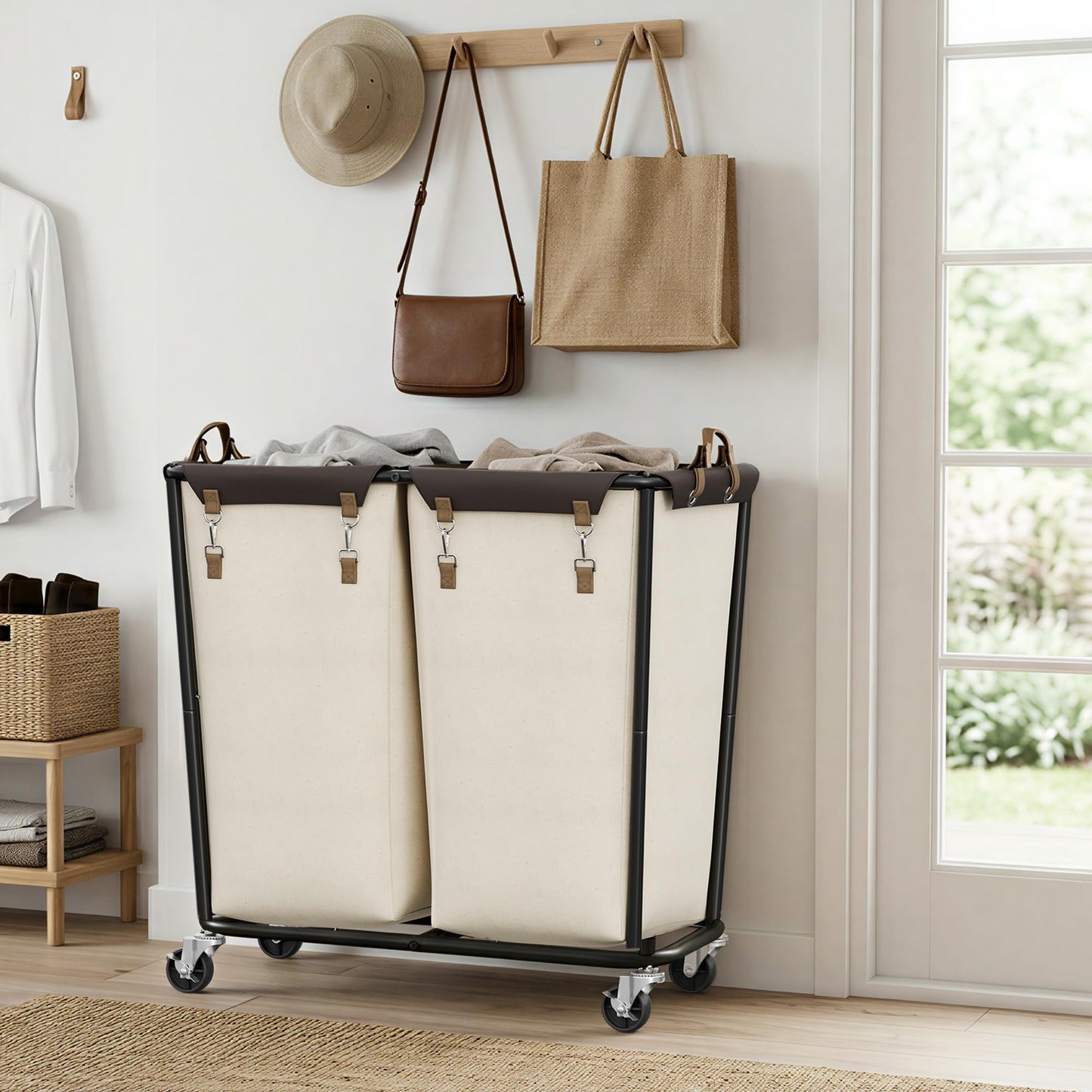 StorageWorks 280L Large Laundry Hamper with Wheels, Laundry Basket with Wheels 2 Sections, Clothes Sorter Cart with Divider for Hotel, Home, Beige, 1-Pack
