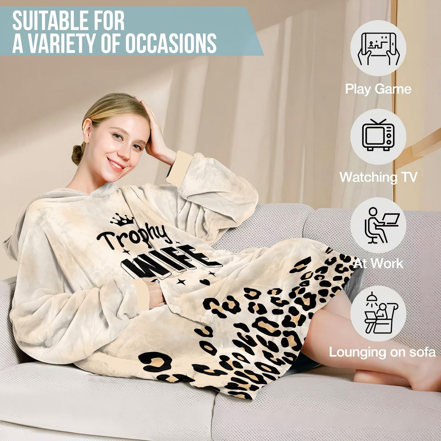 Warmstorey Wearable Blanket Hoodie Leopard Trophy Wife Hoodie Blankets - Cozy Wearable Hoodies Blanket From Husband - Anniversary Birthday Gifts For Wife - Wife Mothers Day Gifts From Husband