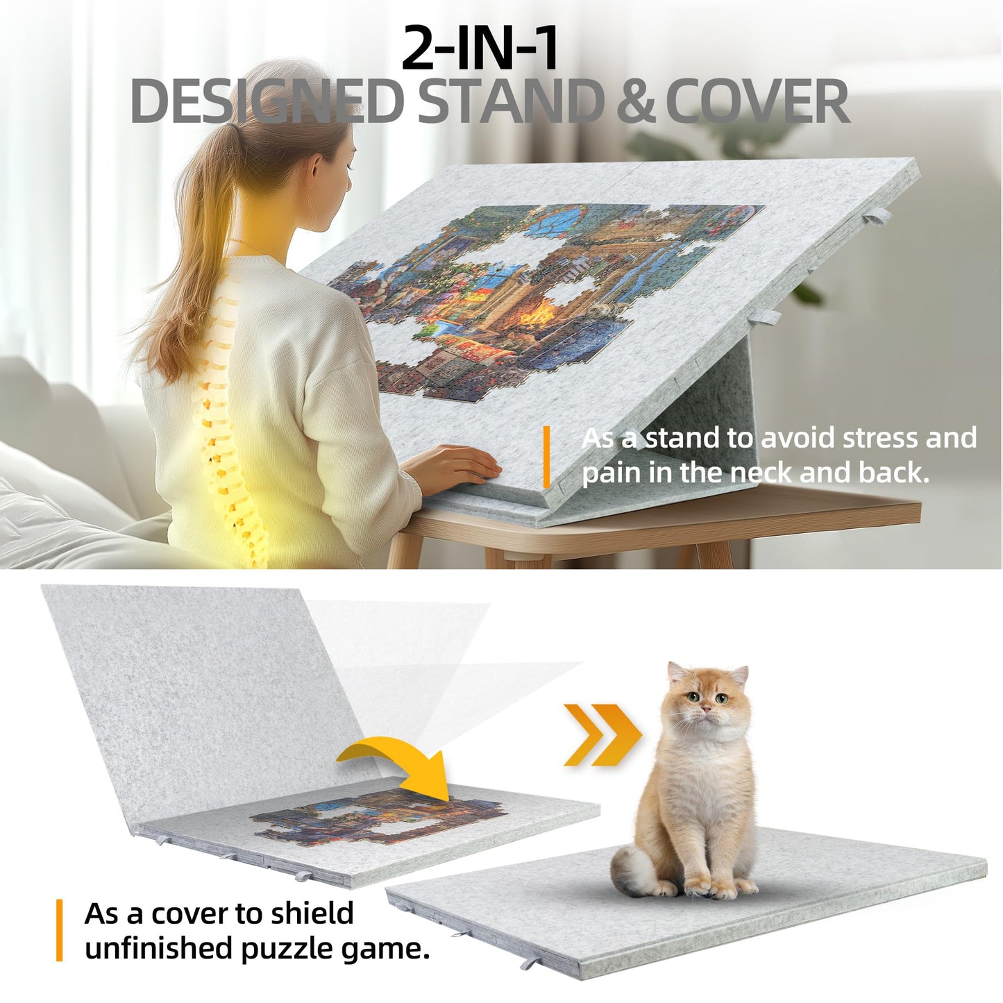 Lavievert 2000 Piece Tilting & Foldable Puzzle Table with 2-in-1 Designed Stand & Cover, Lightweight Felt Puzzle Plateau with 6 Colored Drawers, Portable Jigsaw Puzzle Board for Adults – Light Gray