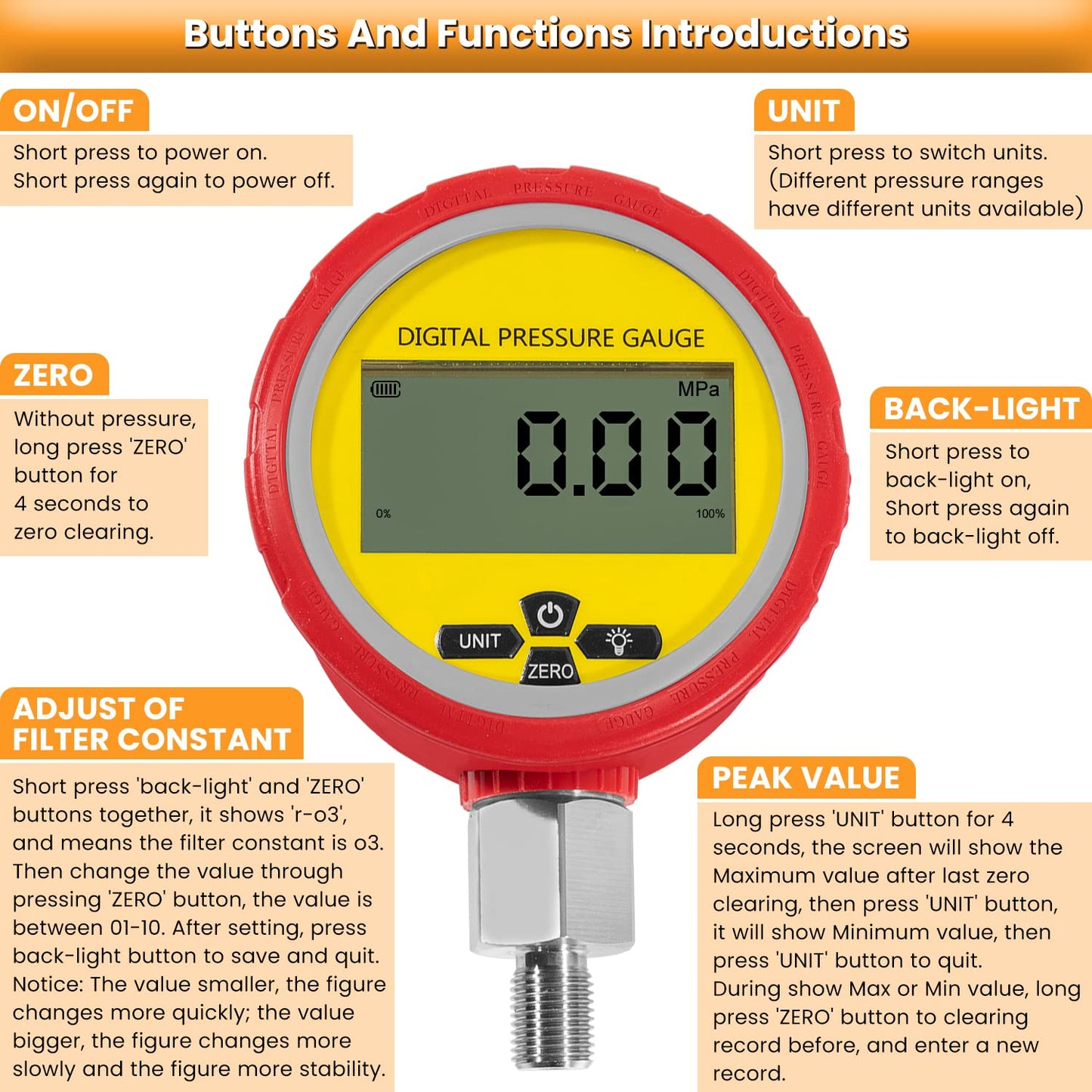 70M Digital Hydraulic Pressure Test Coupling Kit Hydraulic Pressure Gauge Kit for Excavator Construction Machinery 2 Gauges 2 Test Hoses 11 Couplings 700BAR/10000PSI/70Mpa