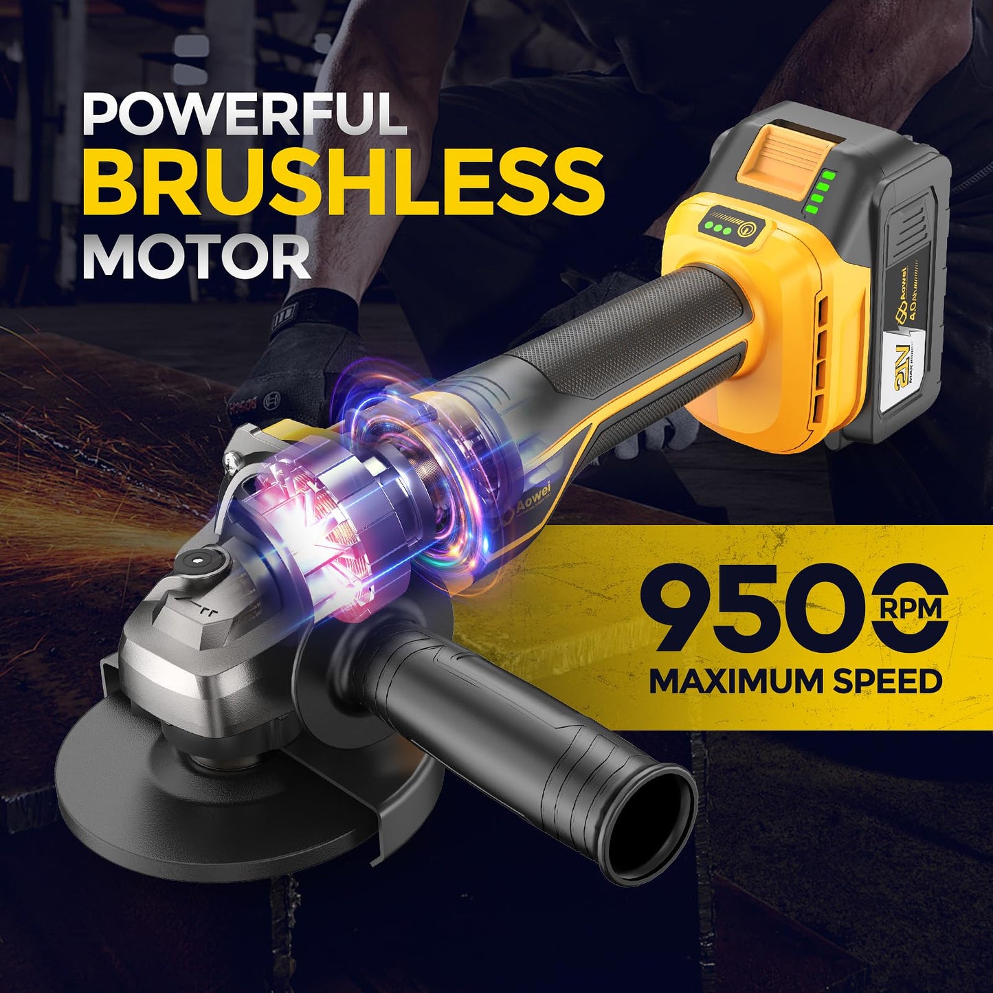 Aowei Brushless Cordless Angle Grinder, 21V Angle Grinder Toolbox Kit, with 2x4.0Ah lithium batteries and charger, yellow 4-1/2 inch grinder, suitable for cutting, grinding, polishing