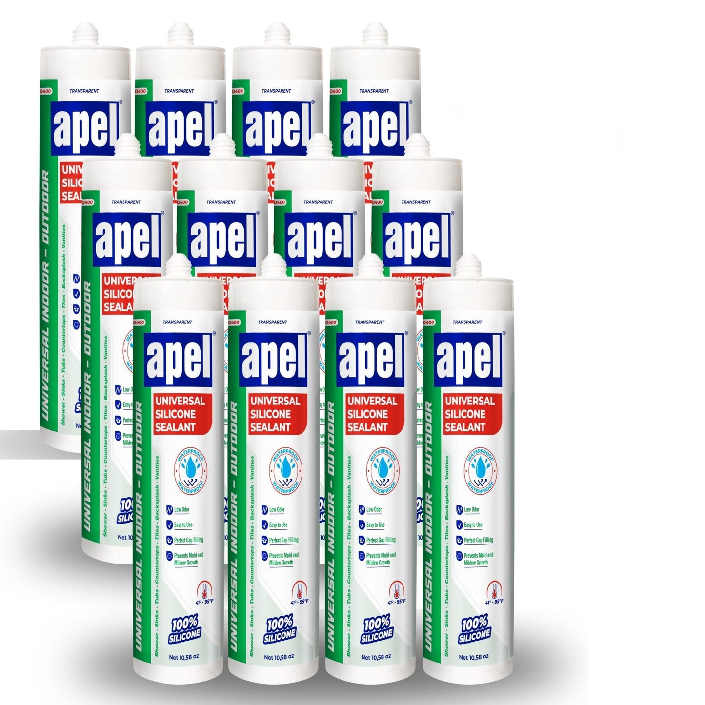 apel All Purpose Clear Silicone Sealant Waterproof (12 x 10.5 fl.oz.), 100% Silicone Caulk, Weatherproof & Flexible Adhesive Sealant for Indoor and Outdoor Use, Transparent - 12 Pack