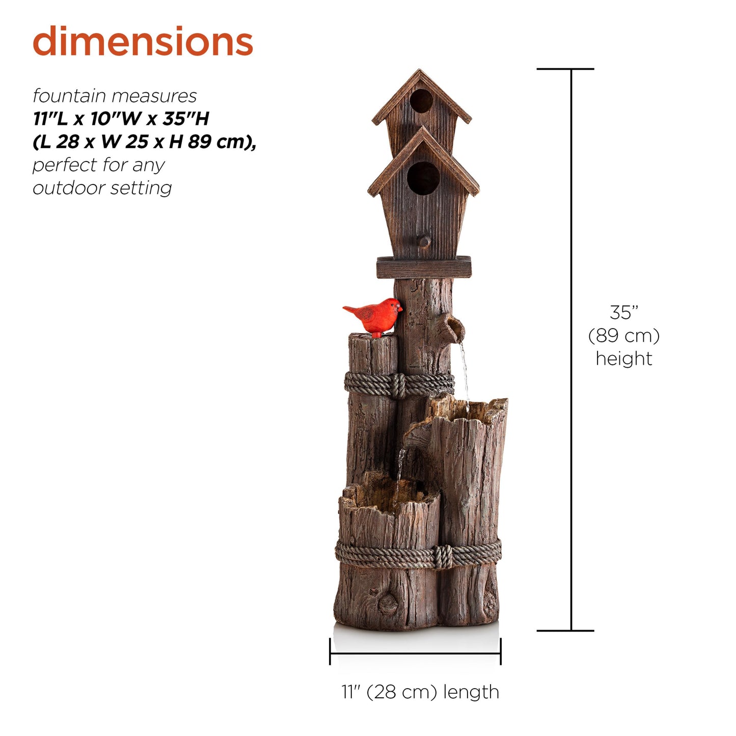 Alpine Corporation WCT1002 35" Tall Outdoor 3-Tier Birdhouse Water Fountain with Cardinal Accent, Rustic Floor Decor for Garden and Patio, Brown