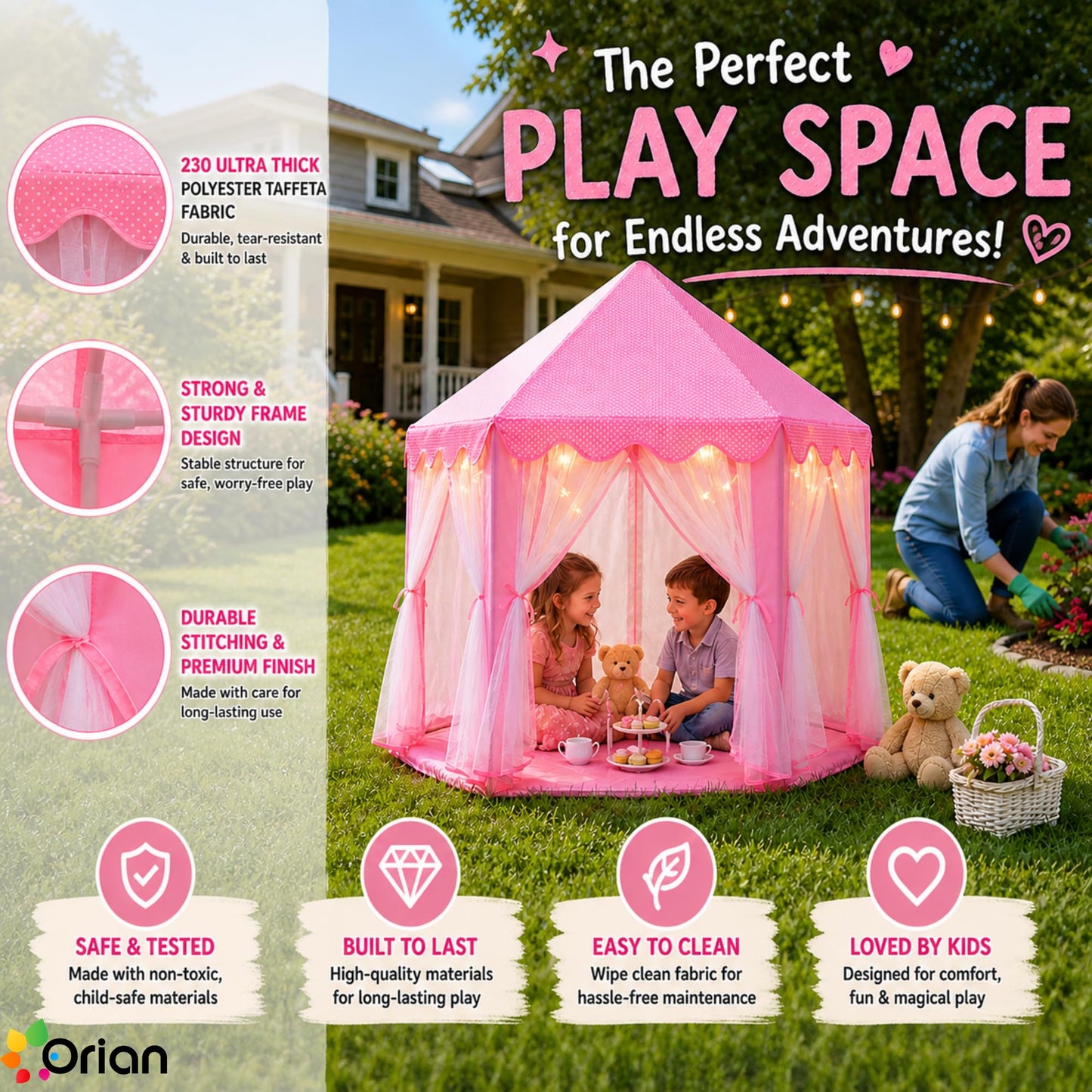 ORIAN Princess Castle Playhouse Tent for Girls with LED Star Lights – Indoor & Outdoor Large Kids Play Tent for Imaginative Games – ASTM Certified, Princess Tent, 230 Polyester Taffeta. Pink 55"x53".