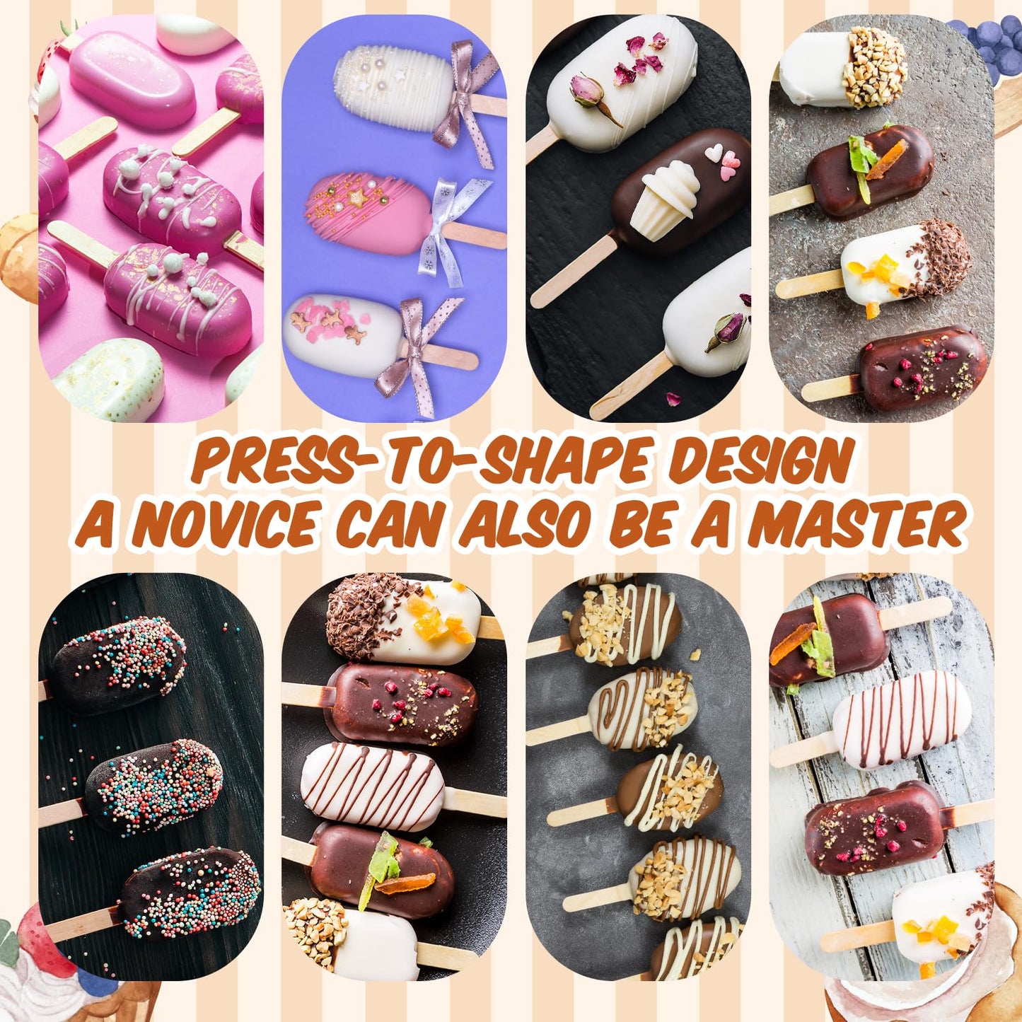 Yiyiring 1 Set Cutter, Cake Pop Mold, Cake Pop Cutter and Pusher Press Set with Tray and 3 Types of Packaging Accessories, Baking Tools for Home, Birthday, Parties, Wedding Desserts(2 Pcs,Cakesicle)