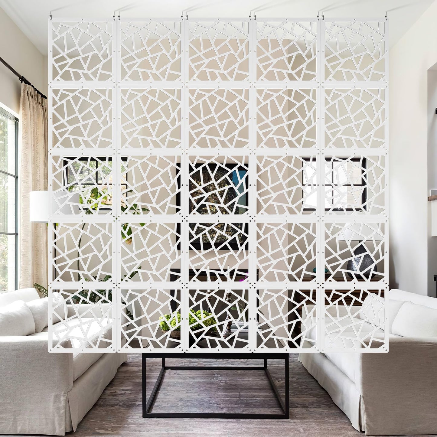 ANMINY 24 PCS Hanging Room Divider Decorative Thick Panels Floral Carving Wall Screen Hollow Out Design for Bedroom Living Dining Room Kitchen Office Restaurant Home Decor - White Geometric Patterns