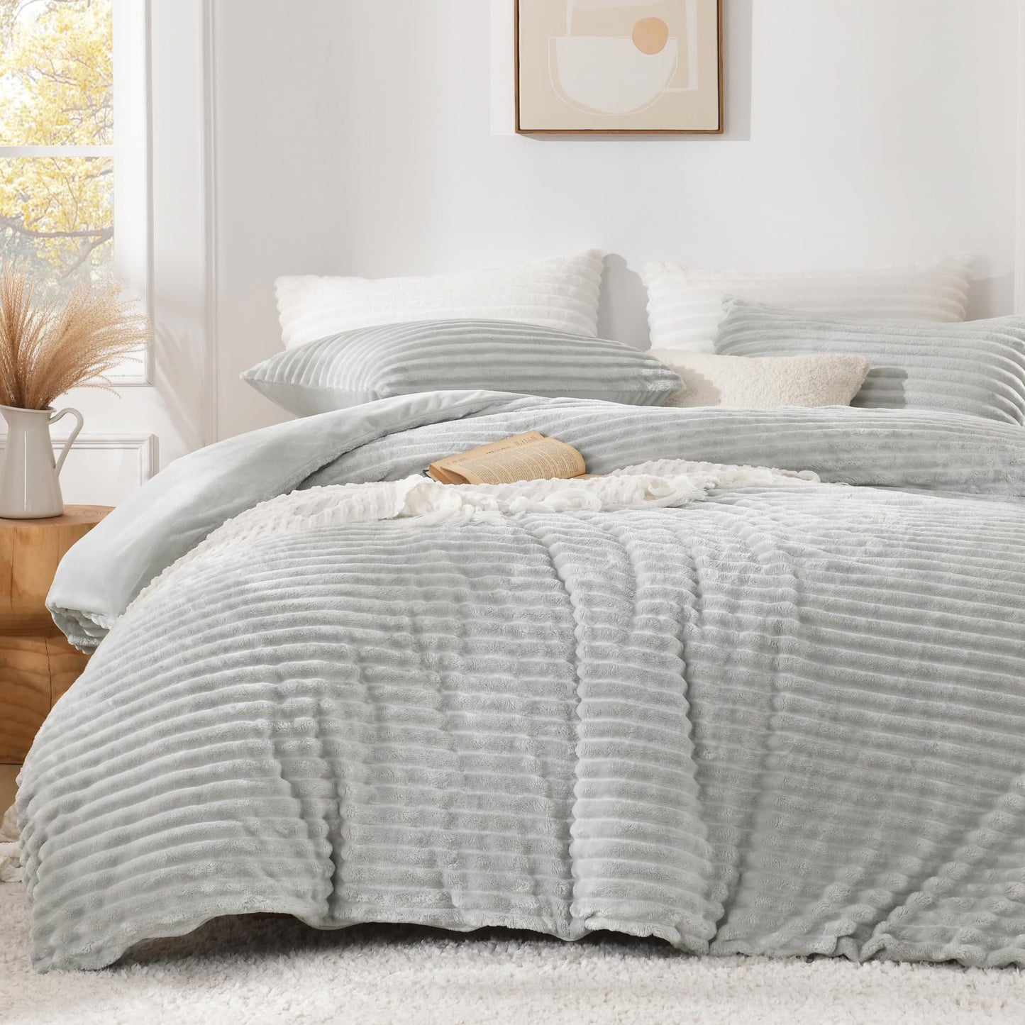 Andency Fluffy King Size Duvet Cover, Gray Striped Plush Microfiber Fleece Comforter Cover, Ultra-Soft Lightweight Bed Set, 3 Piece Warm Faux Fur Bedding for All Season, Two-Way Zipper