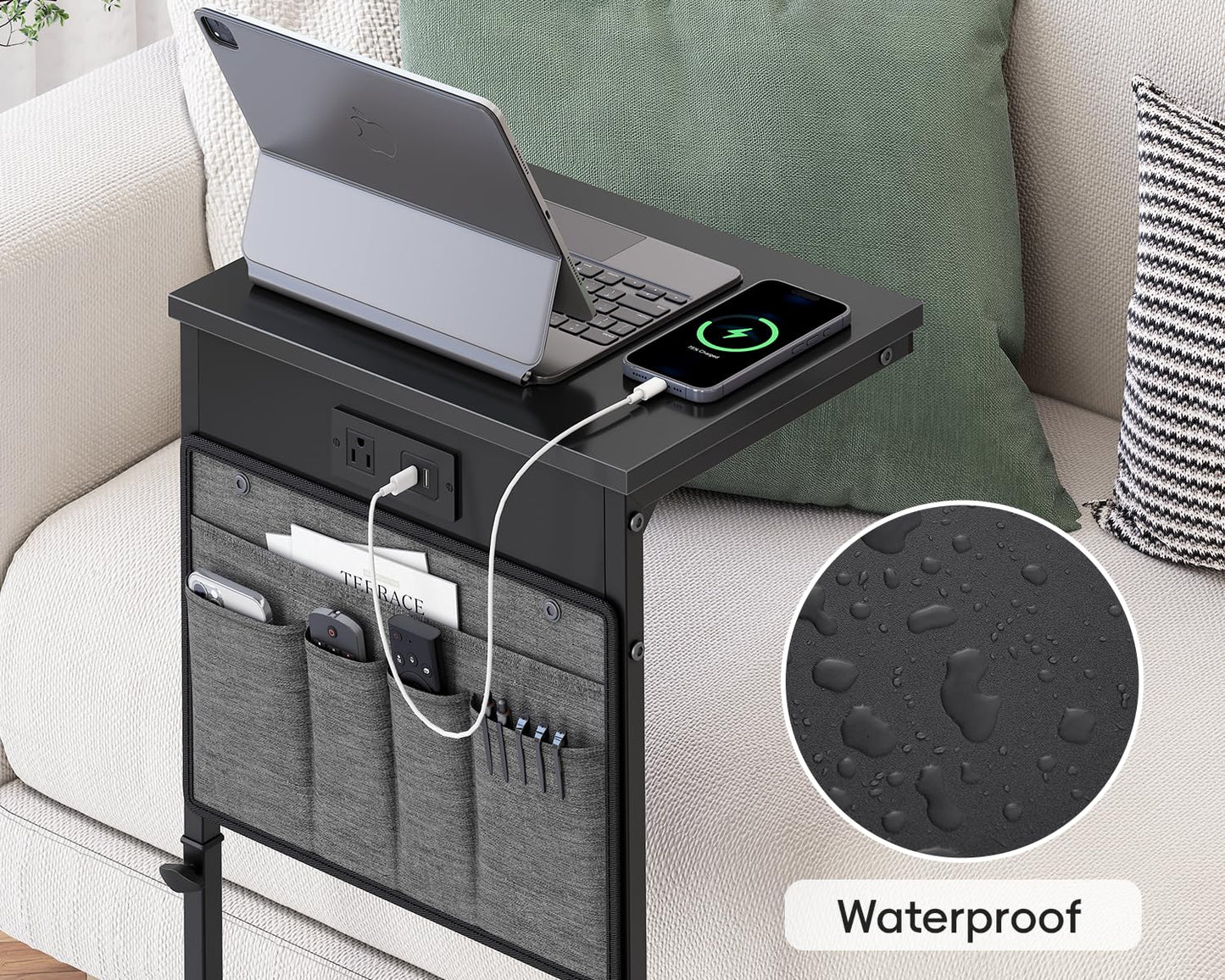Vagusicc C Shaped End Table with Charging Station, Tall C Table End Table Adjustable Height Side Table for Couch, Small Couch Table Slide Under Sofa Table TV Tray Table for Living Room, Bedroom, Black