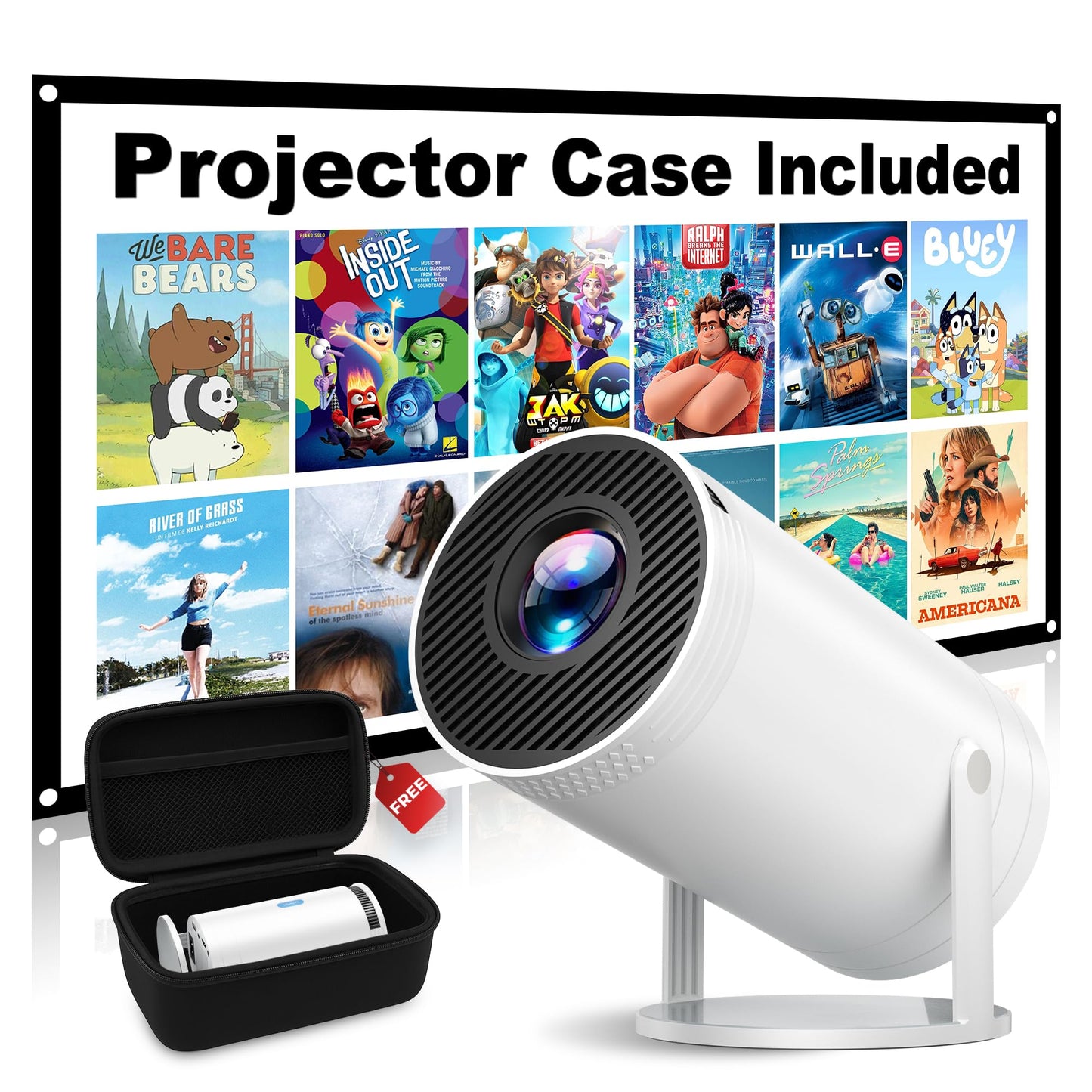 Mini Projector, Native 1080P Portable Projector with Carrying Case, 4K Support, 270°Rotatable Outdoor Movie Proyector, Home Theater Projector Compatible with Phone/TV Stick/Laptop/PS4/HDMI/USB