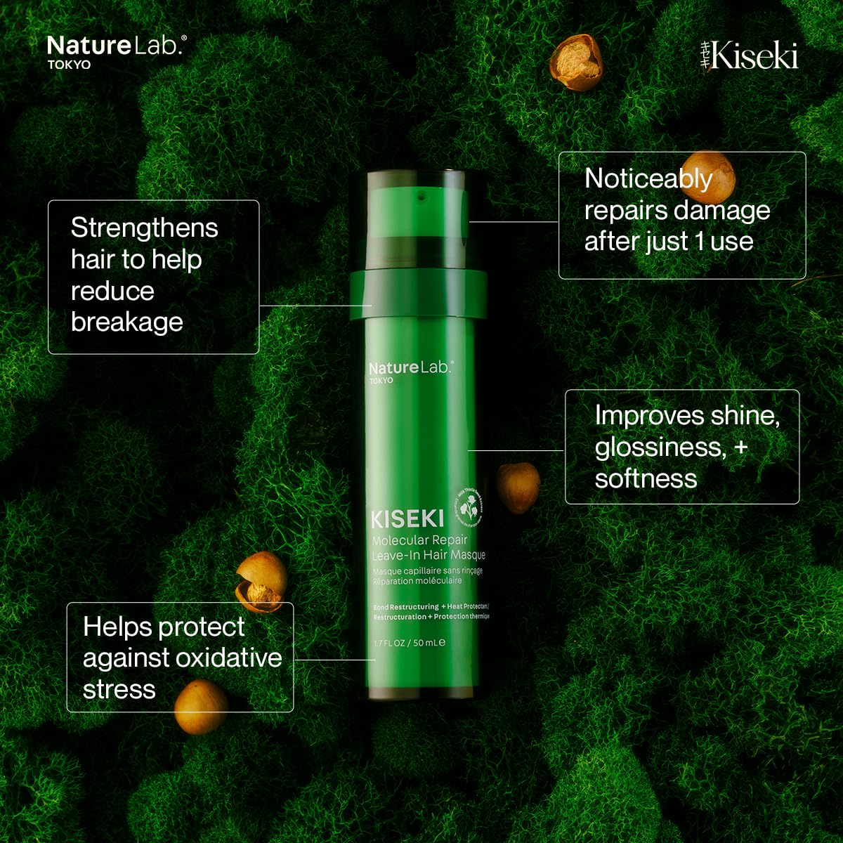 NATURELAB. TOKYO Kiseki Molecular Repair Leave-In Hair Masque: Restores Damaged Hair with Plant Peptide Complex, Repairs Heat & Chemical Damage, Boosts Strength, Smoothness & Softness, 1.7 Fl Oz