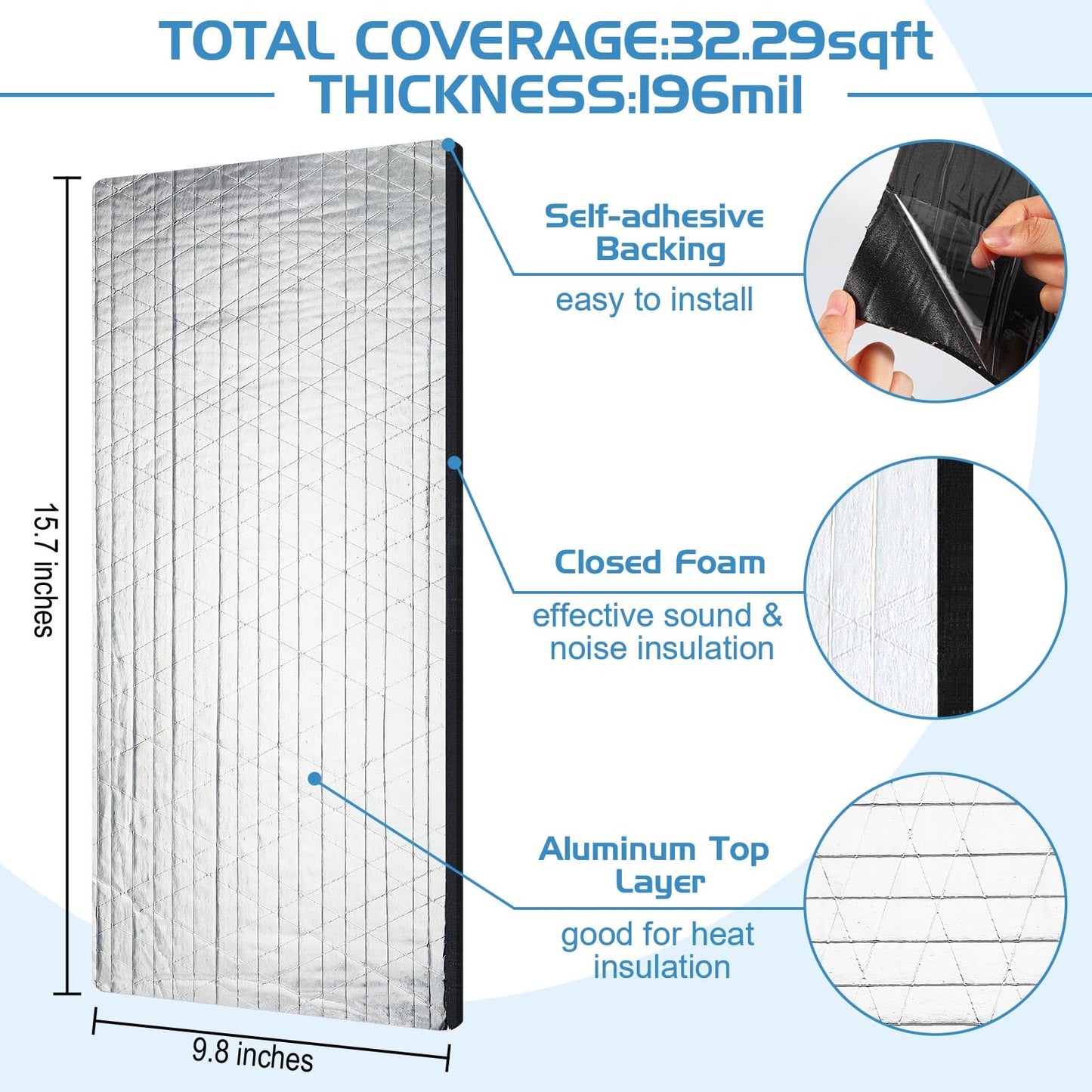Tallew 61 Pcs 64.6 Sqft 196 Mil Car Sound Deadening Mat Sound Deadener Automotive Audio Noise Insulation Dampening Insulation Mat with Rubber Roller for Hood Ceiling Door 15.7X 9.8 in Each Sheet