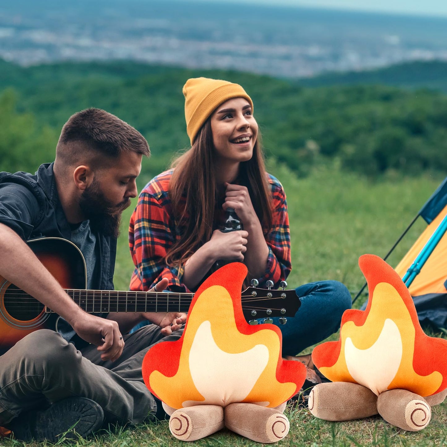 PullCrease Campfire Plush Toys Fake Fire Firewood Plush Pillow Woodland Forest Nursery Classroom Decor for Camping Overnight Scene Setting Room Decoration(3 Pack)