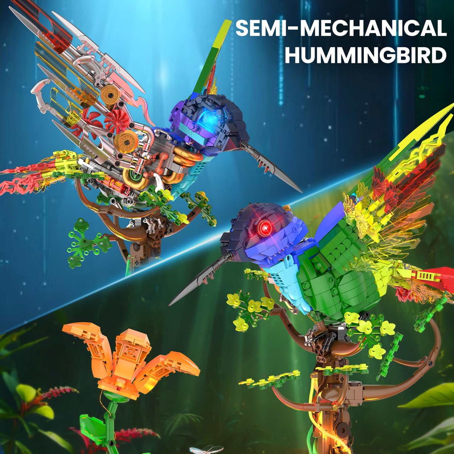 JMBricklayer Mechanical Hummingbird Building Set with LED Light, Bird Model Sets for Adults, Flower Animal Collection Toy, Art Creative Gifts, Home & Office Décor, Ideas for Women & Men Kids 14+