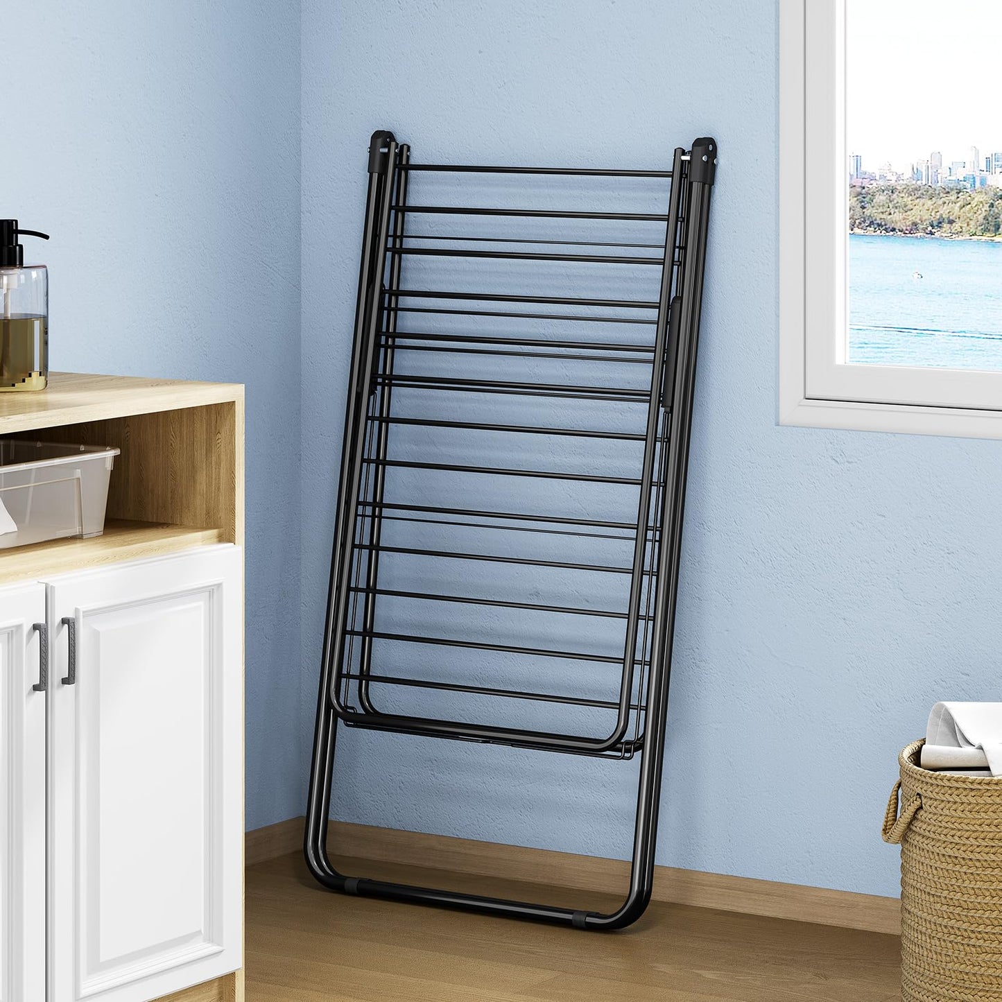 KINGBOARD Clothes Drying Rack Foldable, Drying Rack Clothing with Height-Adjustable, Metal Laundry Rack, Indoor Outdoor Use, No Assembly, 20.47"x 70"x 42.52", Black