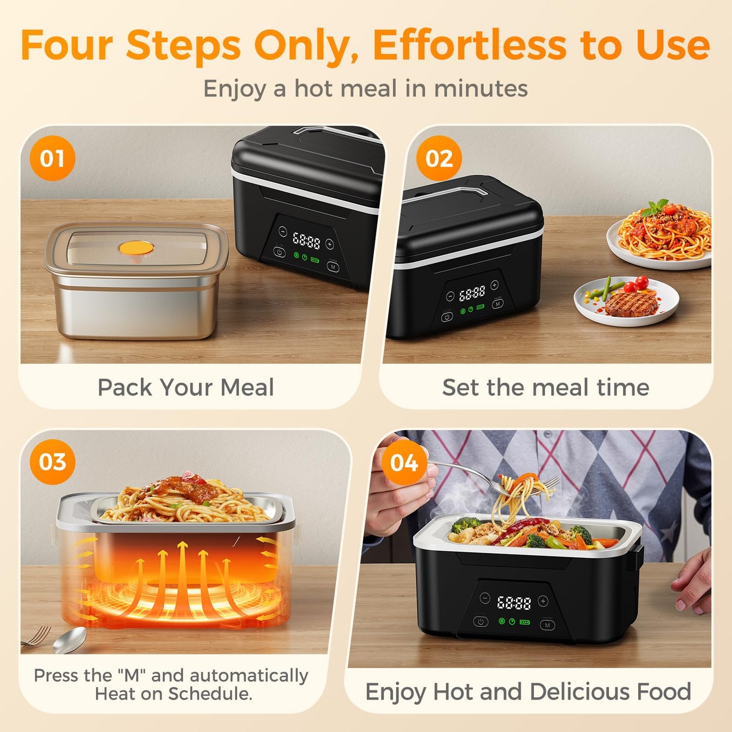 QUESSA šššš šš©š š«šššš Cordless Heated Lunch Box, 6 Cups Rechargeable Electric Lunch Box with Ice Crystal Box & Insulated Bag, 24 Hours Scheduled Self Heating Food Warmer for Men Women