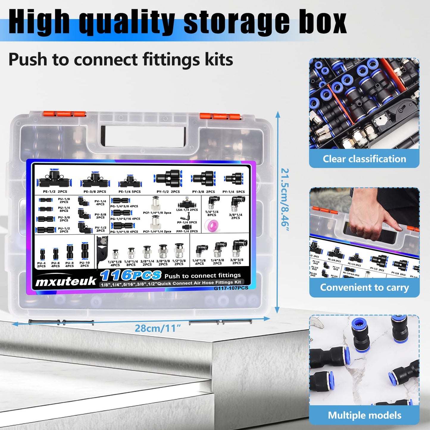 mxuteuk 116PCS Air Line Quick Connect Fittings,1/8",1/4",5/16",3/8",1/2",4/6/8/10mm OD Push to Connect Fittings,Quick Connect Air Hose Fitting,Quick Release Pneumatic Kit