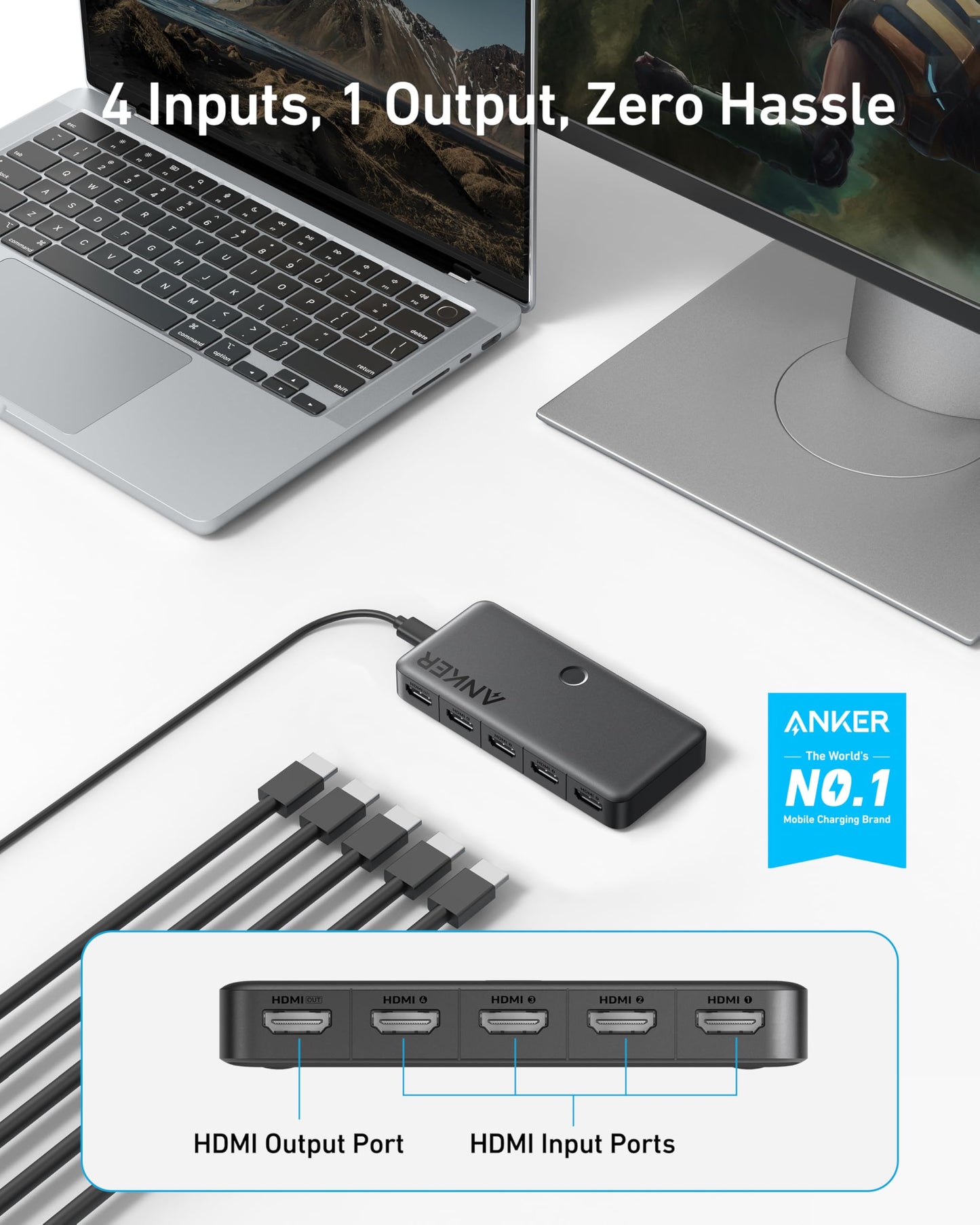 Anker HDMI Switch, Bi-Directional 4K@60Hz, 4 in 1 Metal HDMI Splitter with LED Indicators, Supports 3D, HDR, Dolby, DTS, Compatible with Xbox, PS5, Roku, TV Stick, Projector, etc