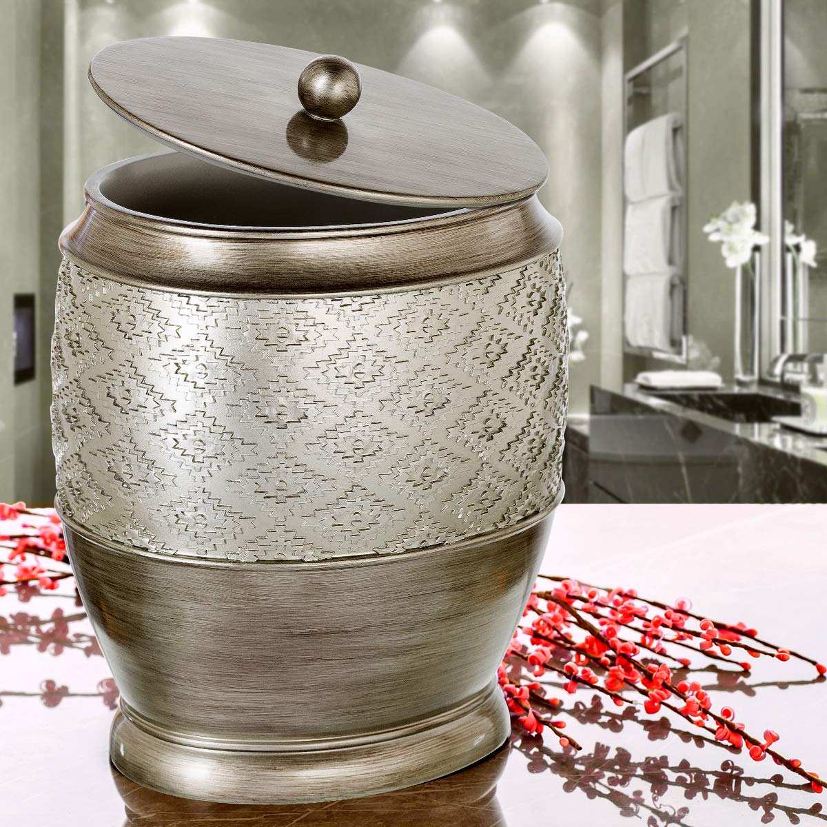 Creative Scents Dublin Silver Small Bathroom Trash Can with Lid - Brushed Silver Garbage Can - Decorative Waste Basket for Bathroom Decor - Durable Wastebasket for Paper/Diaper