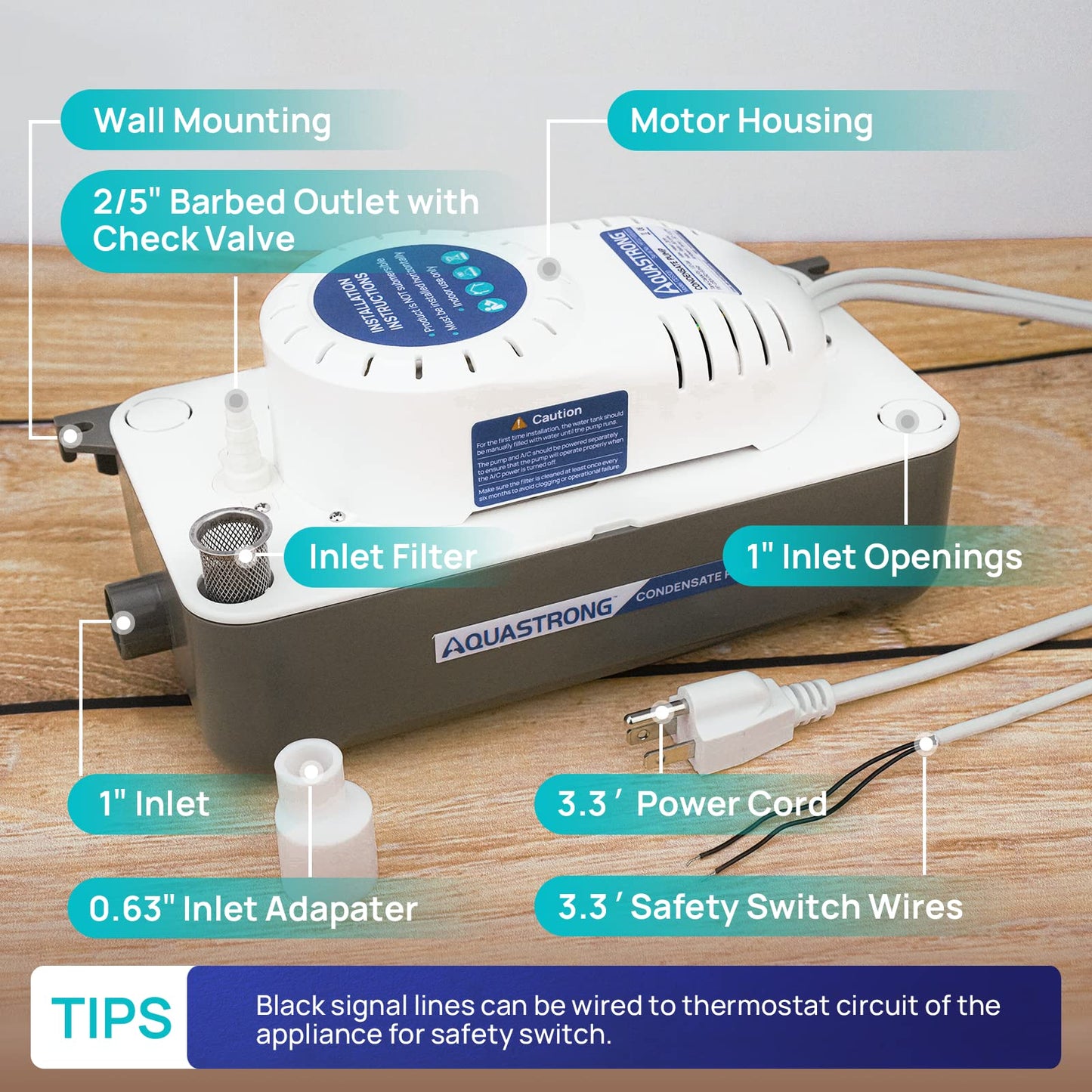 Aquastrong 1/30 HP 95 GPH HVAC Condensate Pump, 115V/230V, AC Condensation Remove Pump with Automatic Safety Switch & 19.7ft Tubing for Air Conditioner, Furnace, Dehumidifier,Ice Maker,Water Drain