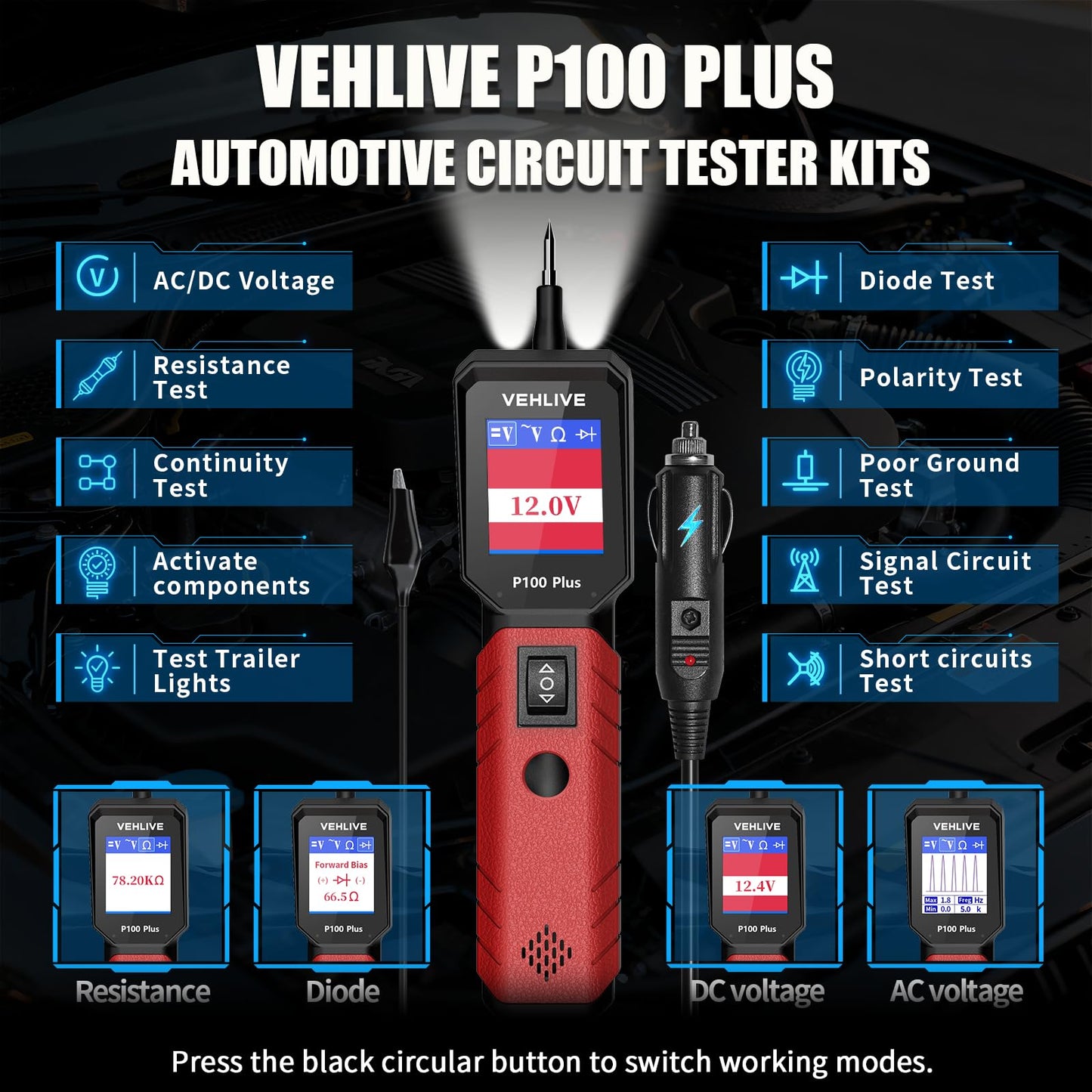 VEHLIVE P100 Plus Automotive Power Circuit Probe Tester,12V 24V Car Automotive Diagnostic Test Tool, Digital Volt Ohm Meter,Circuit Fault Finder w/ 40FT Cable & Tilted Screen