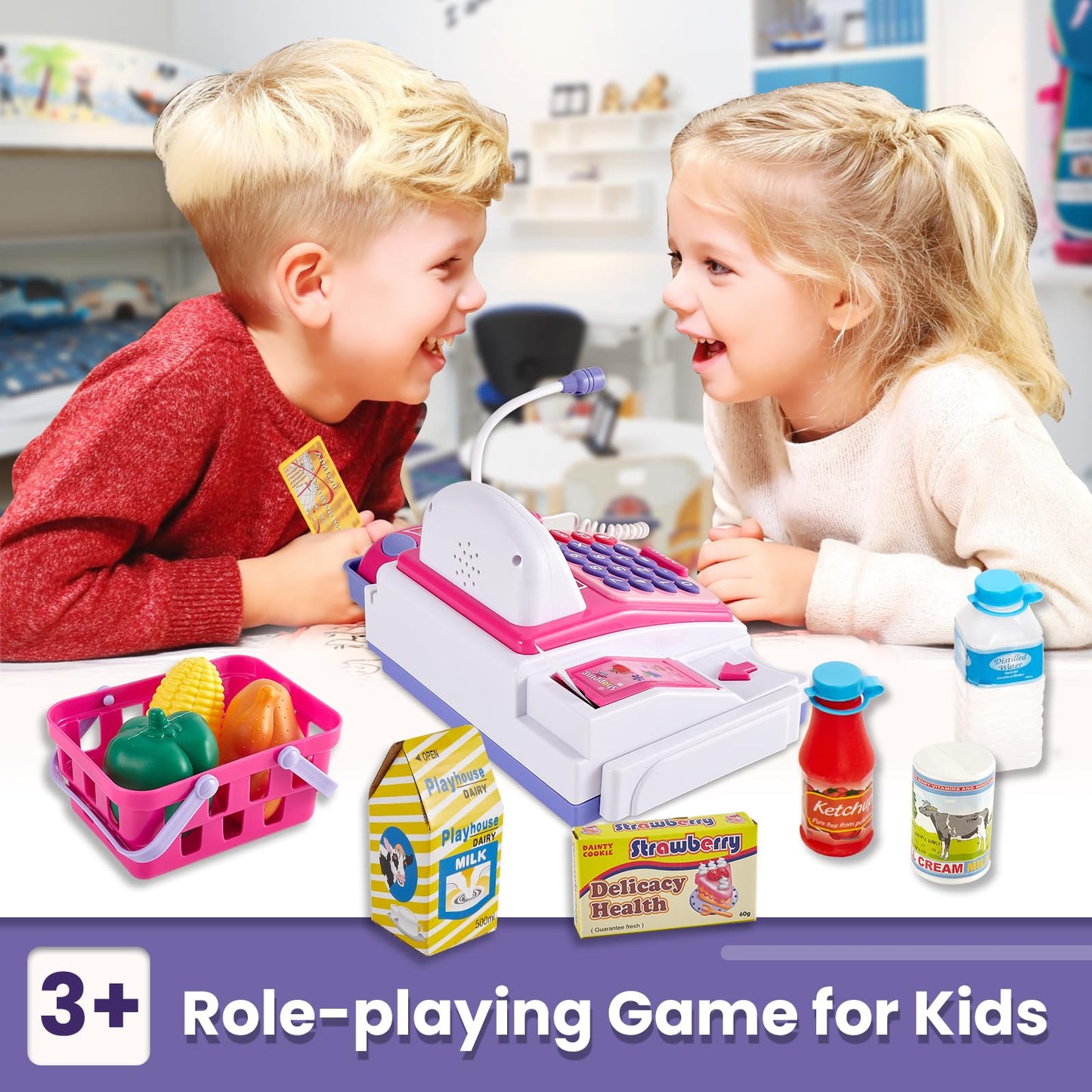 BUYGER Children's cash register toy cash register with receipt printer, scanner microphone, shopping shop accessories, supermarket role play, gifts for children from 3 + years