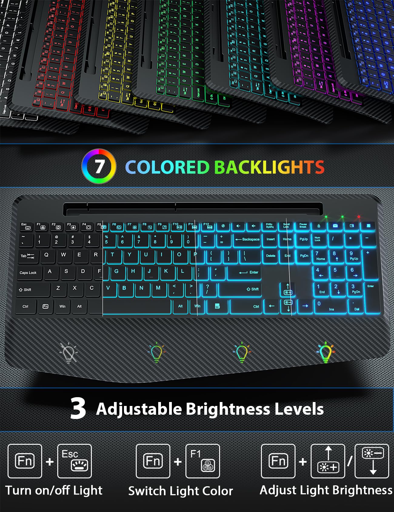 Wireless Keyboard and Mouse Backlits, Wrist Rest, Jiggler Mouse, Rechargeable Ergonomic Keyboard with Phone Holder, Silent Light Up Combo for Computer, Mac, PC, Laptop, Chromebook (Black)