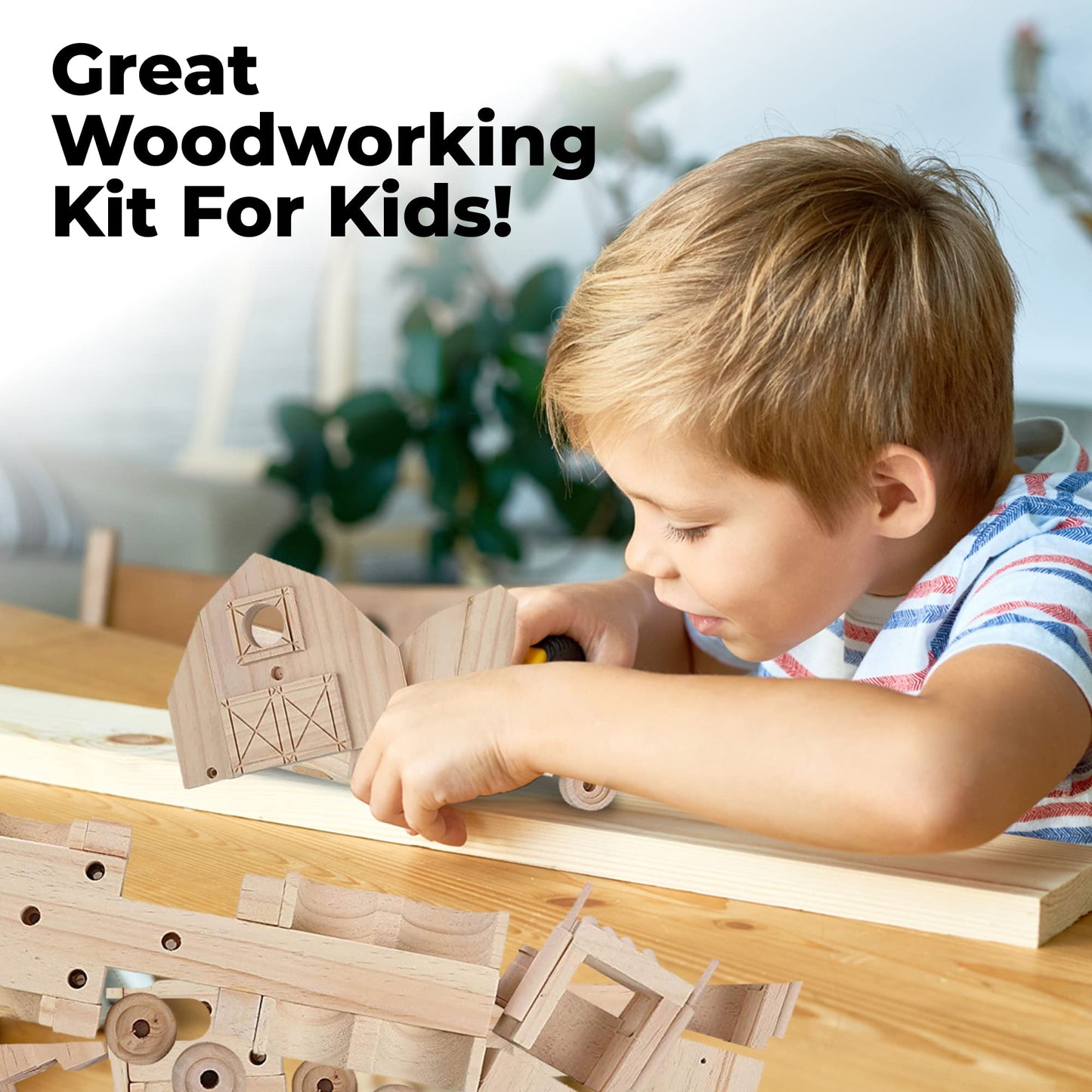 Kraftic Woodworking Building Kit for Kids and Adults, Set of 3 Educational DIY Carpentry Construction Wood Model Kit Toy Projects for Boys and Girls - Off-Road Vehicle, Flatbed Truck, Barn Birdhouse