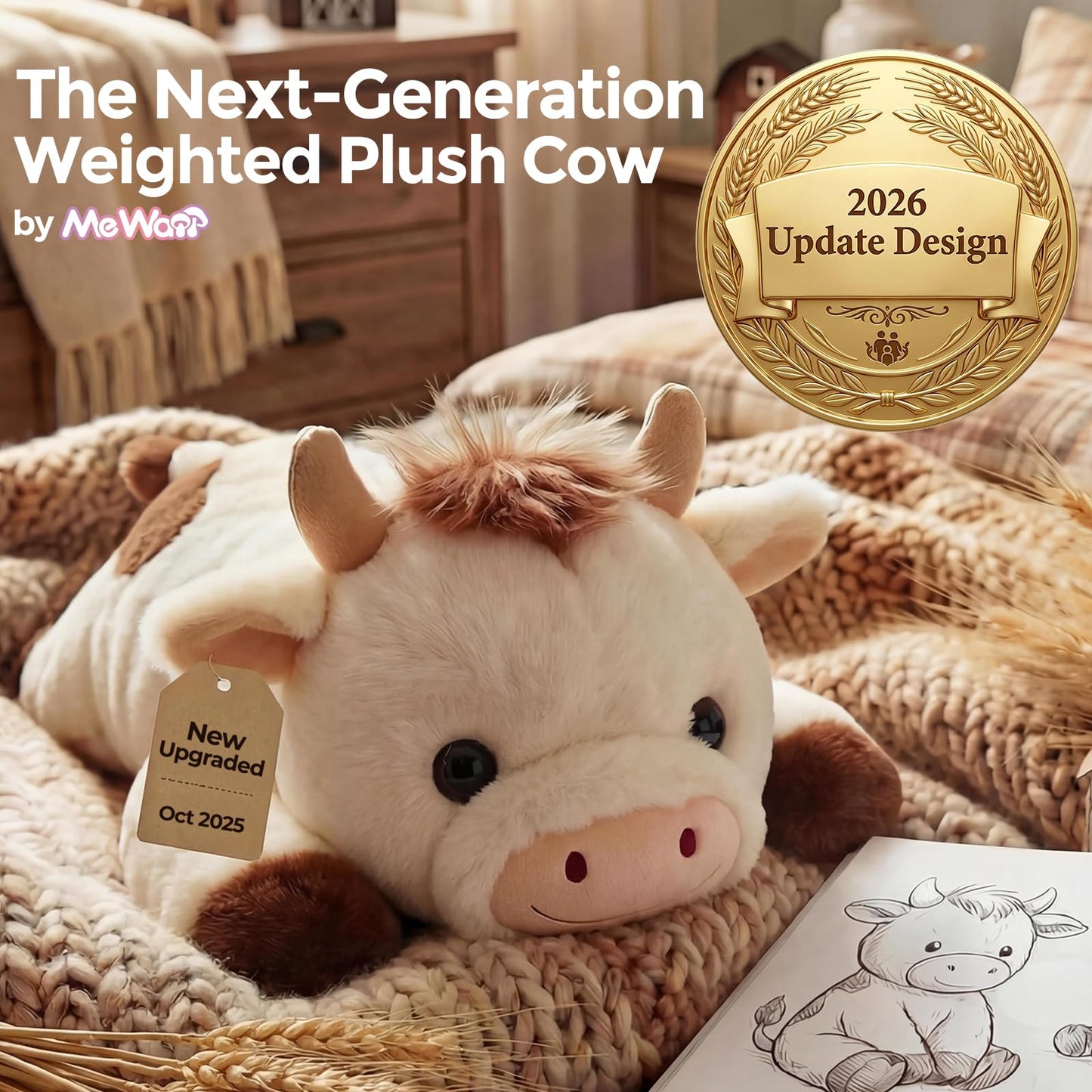 Mewaii Weighted Stuffed Animals with Microwavable Heating Pad - 5lb Adjustable, Heatable & Coolable Cow Plush for Realistic Hug, Removable Inner Pad, Perfect Plush Gift for Kids, Adults (23 Inch)