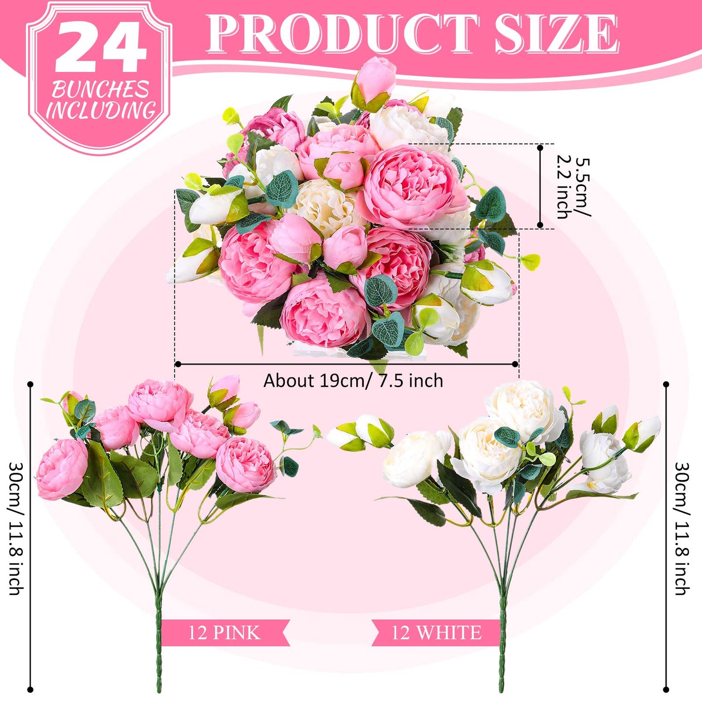 Hoteam 24 Bundles Artificial Peonies Flowers Wedding Faux Flowers Silk Peony Bouquet Bulk Bride Fake Florals Arrangements for Table Centerpieces Wedding Party Vase Decor (Light Pink, White)