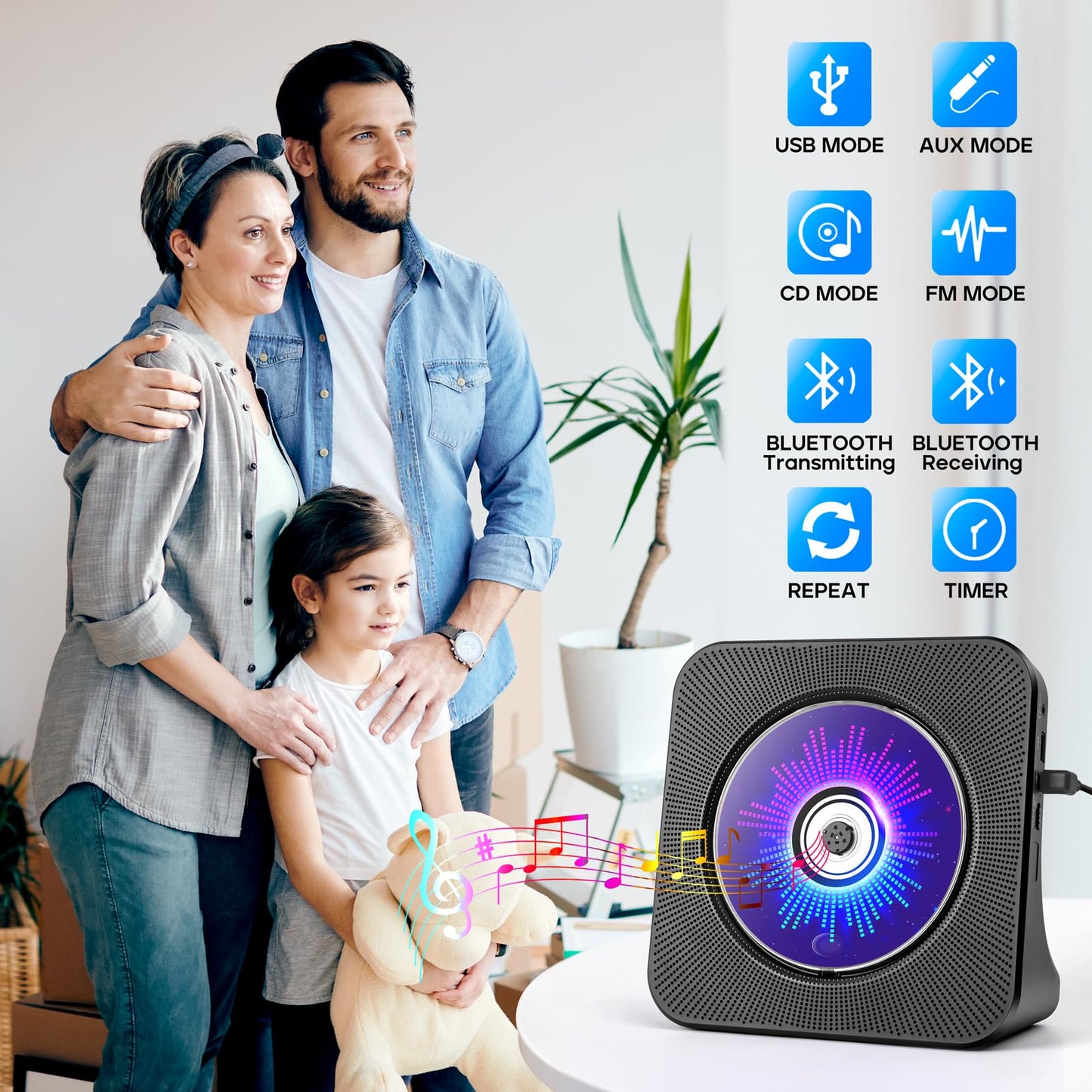 Desktop CD Player with Speakers, ROADOM CD Players for Home, Portable CD Player with Bluetooth Hi-Fi Stereo Sound,Remote Control,Supports CD/Bluetooth/FM Radio/U Disk/AUX/Timer/Repeat,Black