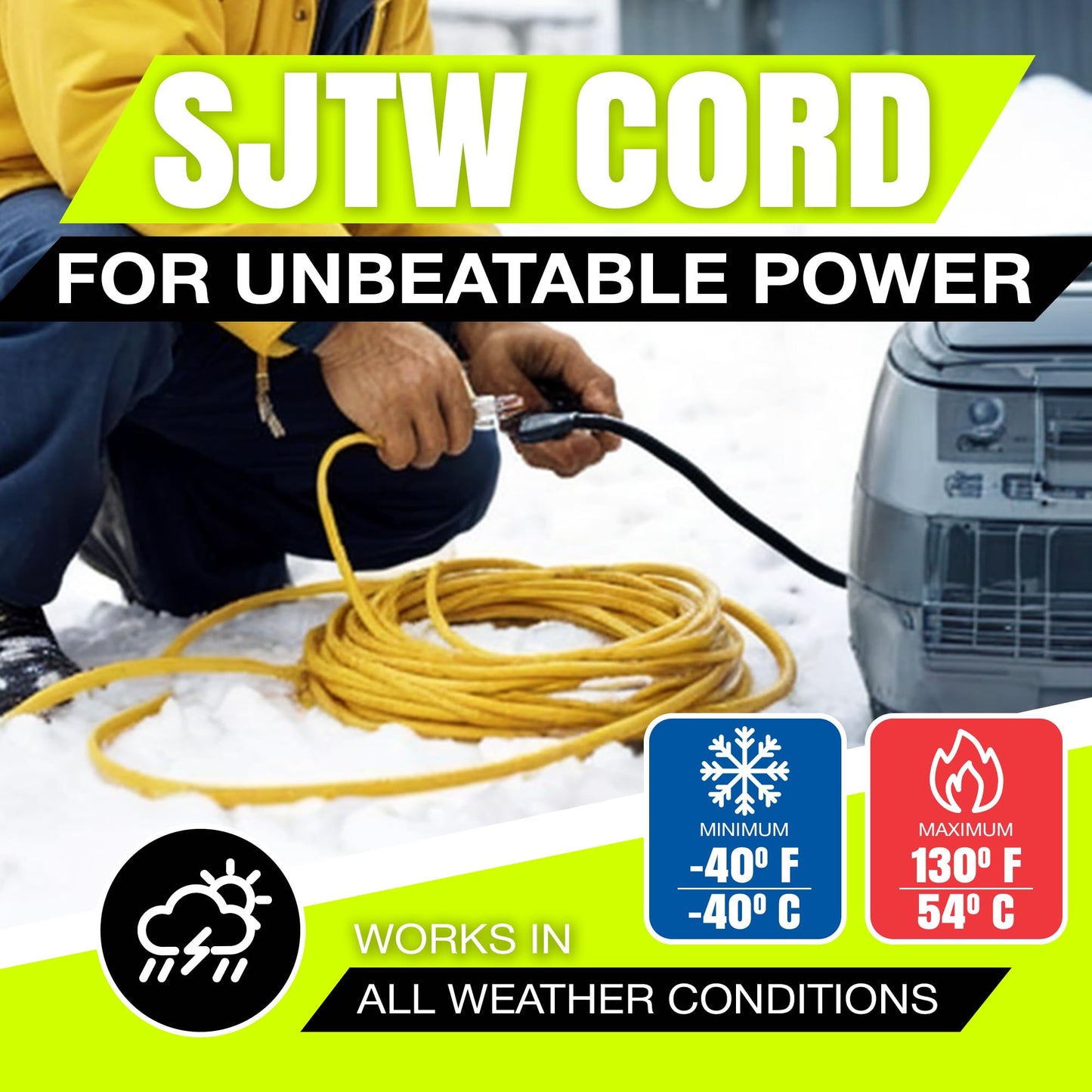 50ft Outdoor/Indoor Extension Cord 10/3 Gauge Ultra Heavy Duty 3 Prong SJTW, Waterproof, Flexible Cold-Resistant Long Power Cord,15A 125V 1875W, Yellow by LifeSupplyUSA