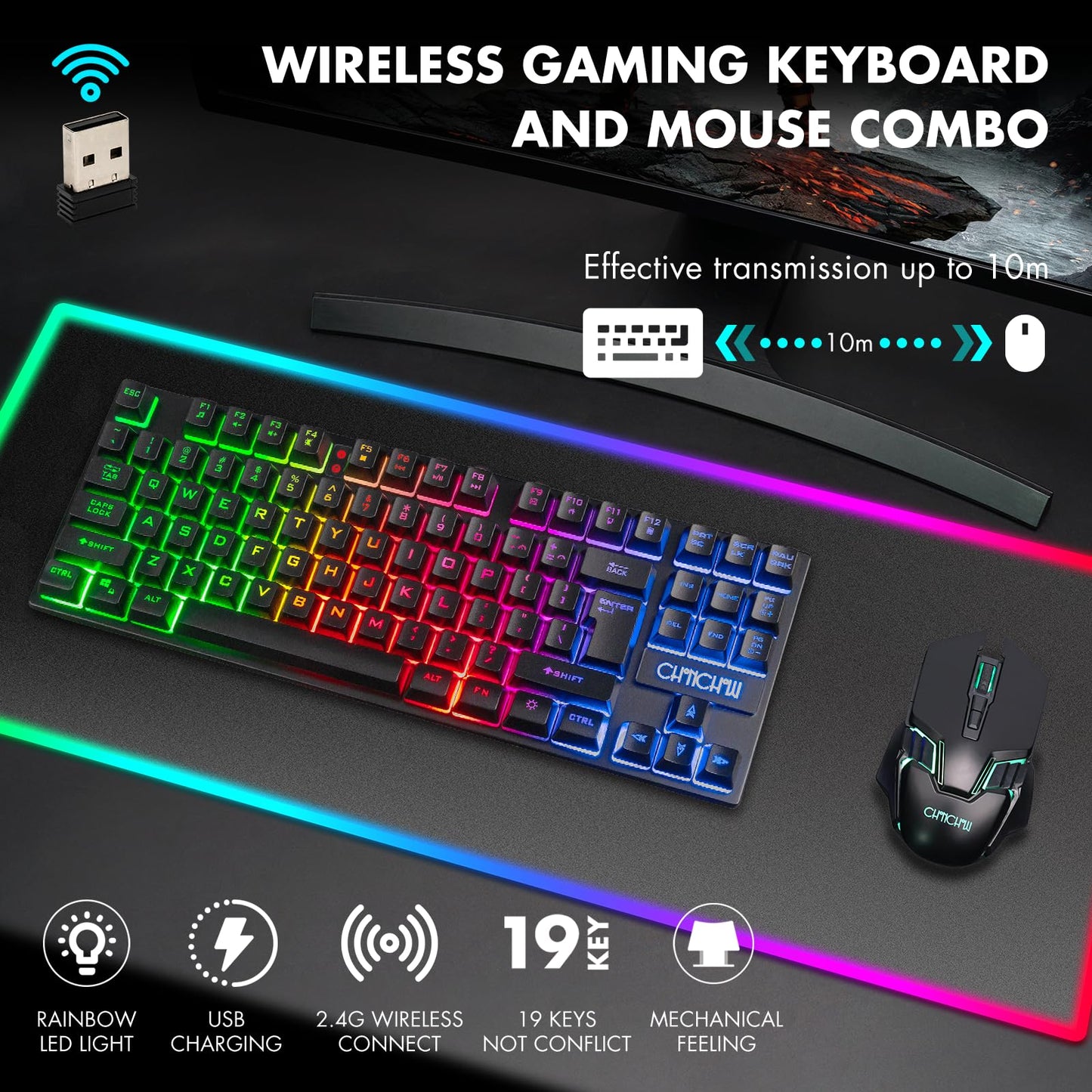 CHONCHOW Wireless Gaming Keyboard and Mouse Combo, Rechargeable 87 Key LED Light Up Keyboard Ergonomic Wireless Gaming Mouse, Backlit Wireless Gaming Mouse and Keyboard for Xbox PS4 PS4 PC Laptop