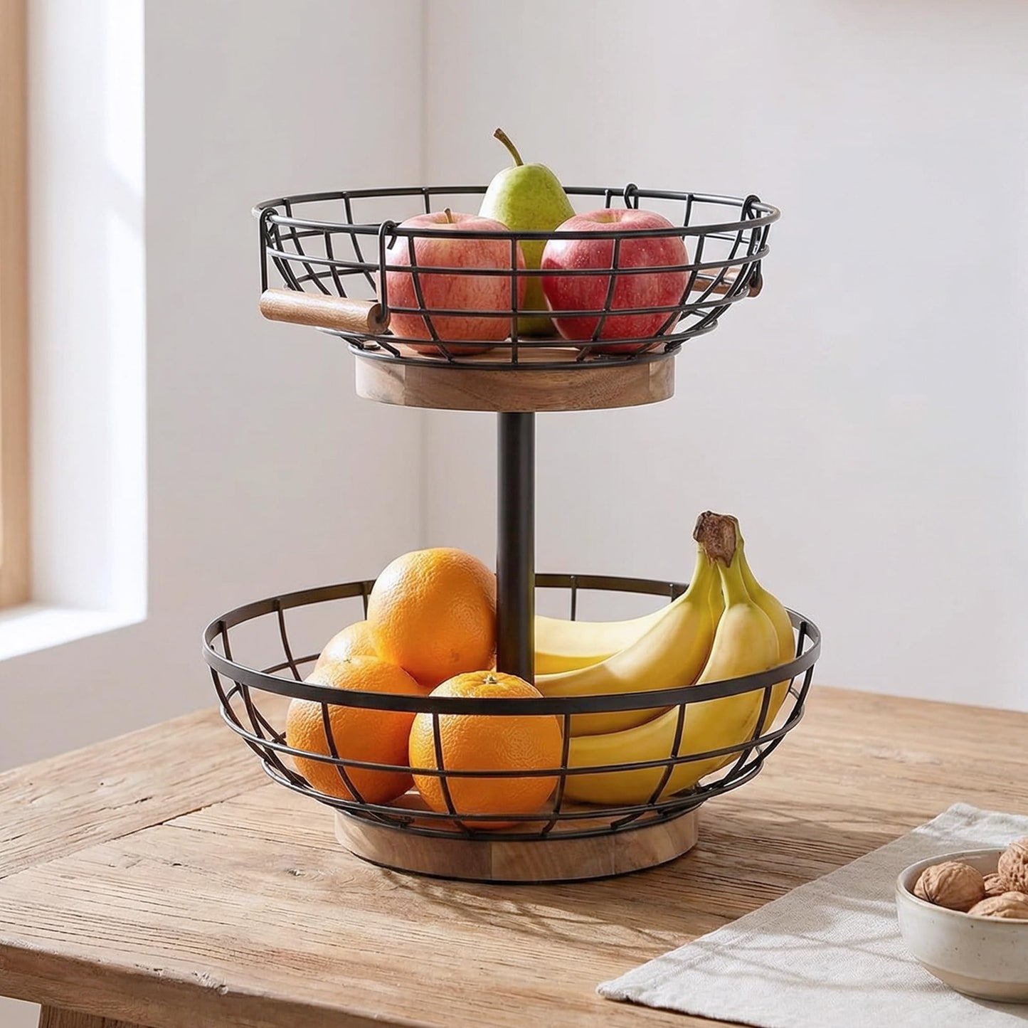 MILENTII 2 Tier Fruit Basket with Banana Hanger, Metal Fruit Bowl Stand with Wooden Base, Kitchen Counter Fruit Organizer for Vegetables, Bread, Snacks Storage Basket